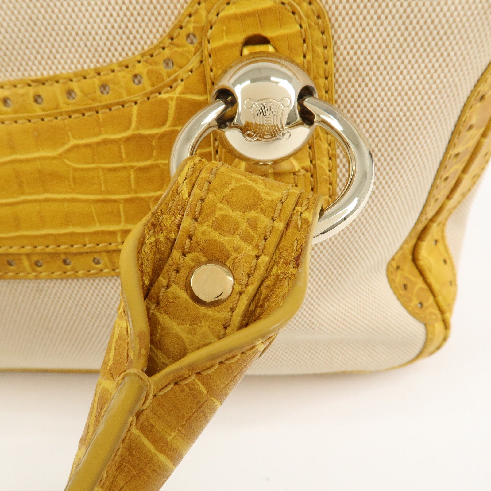 CELINE Boogie Bag Canvas Embossed Leather Hand Bag Natural Yellow