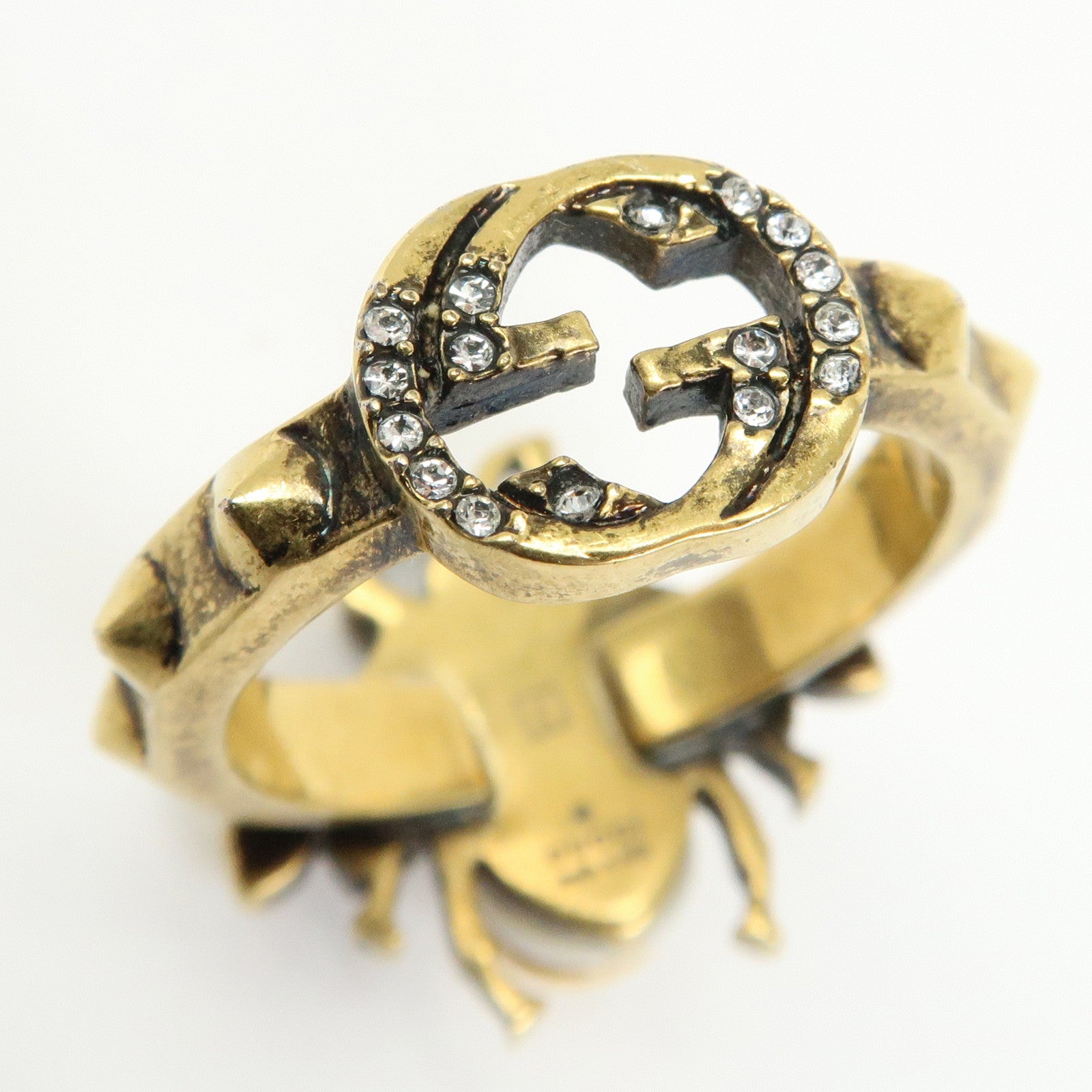 GUCCI Metal Strass Pearl Ring Bee Motif Gold #53 US6.5