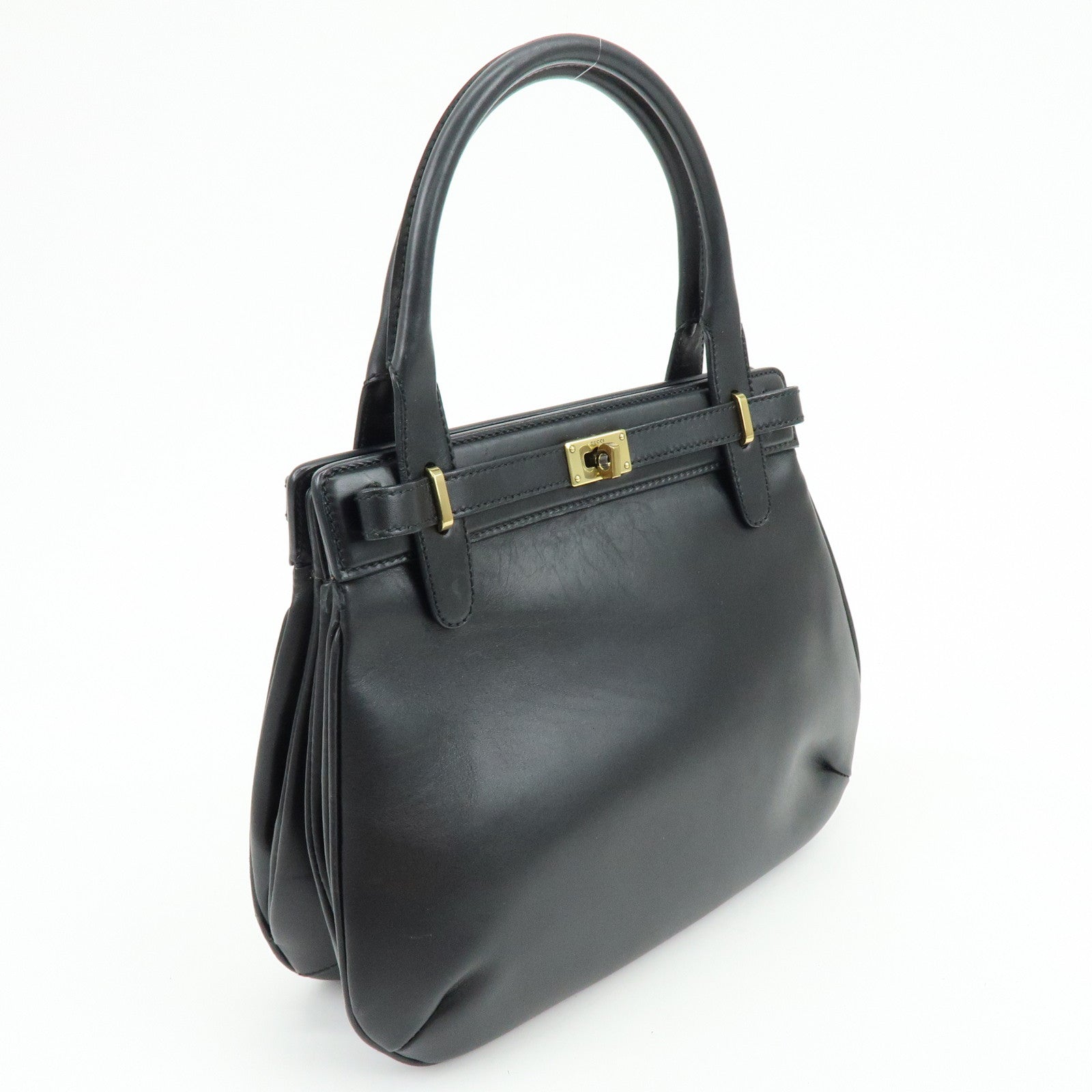 GUCCI Logo Leather Turn-lock Hand Bag Black 102119