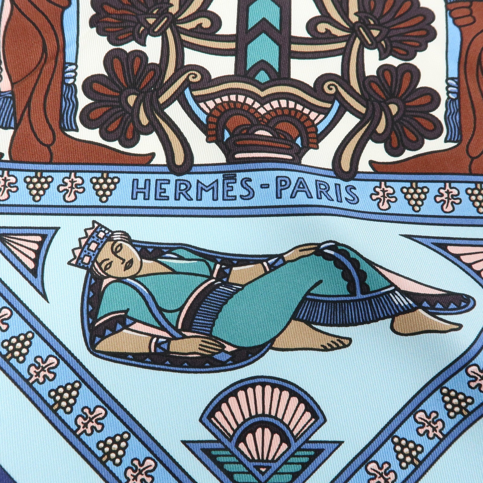 HERMES Carre 90 Silk 100% Scarf PERSEPOLIS Persian Print Brown Blue