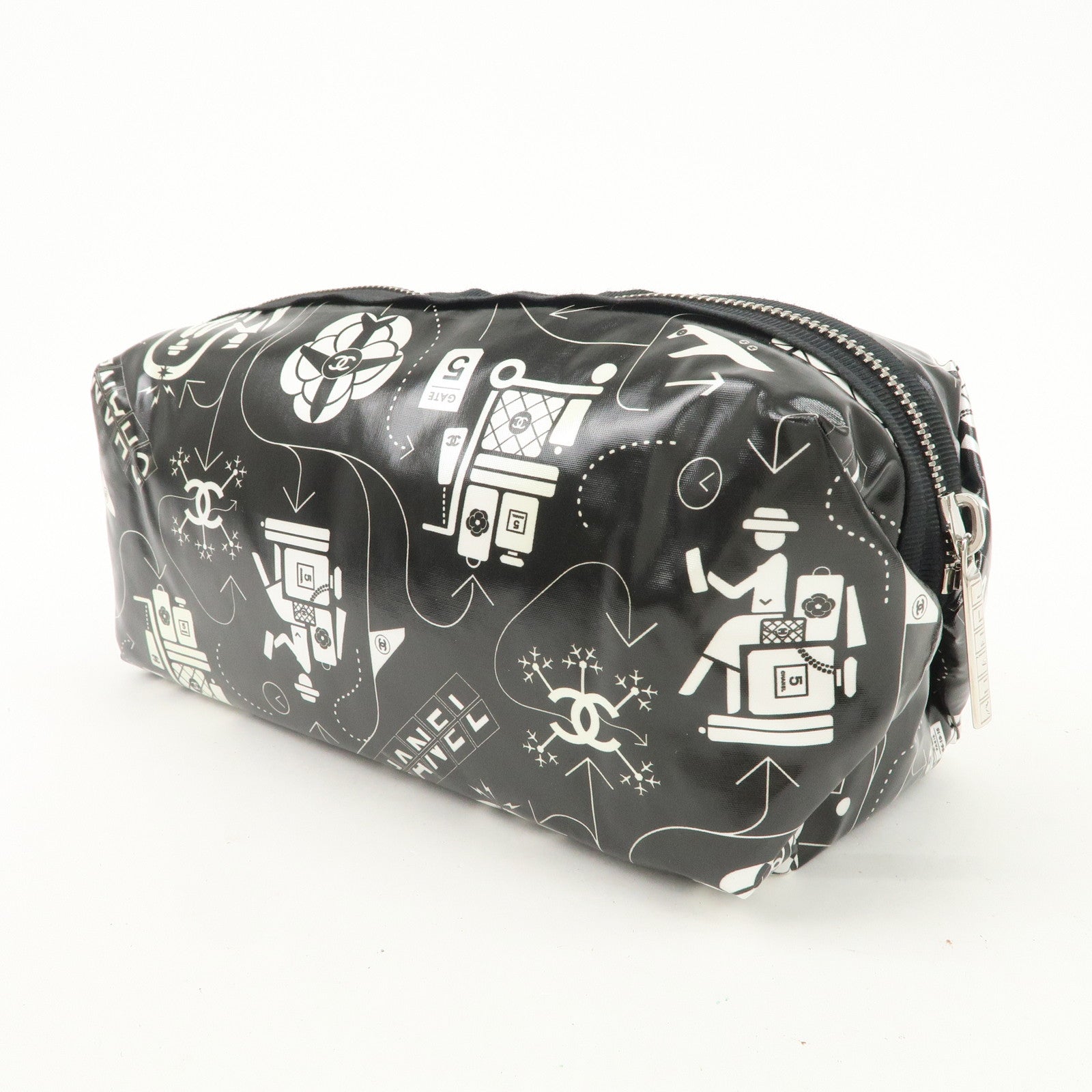 CHANEL Airline Nylon Pouch Cosmetic Pouch Black White