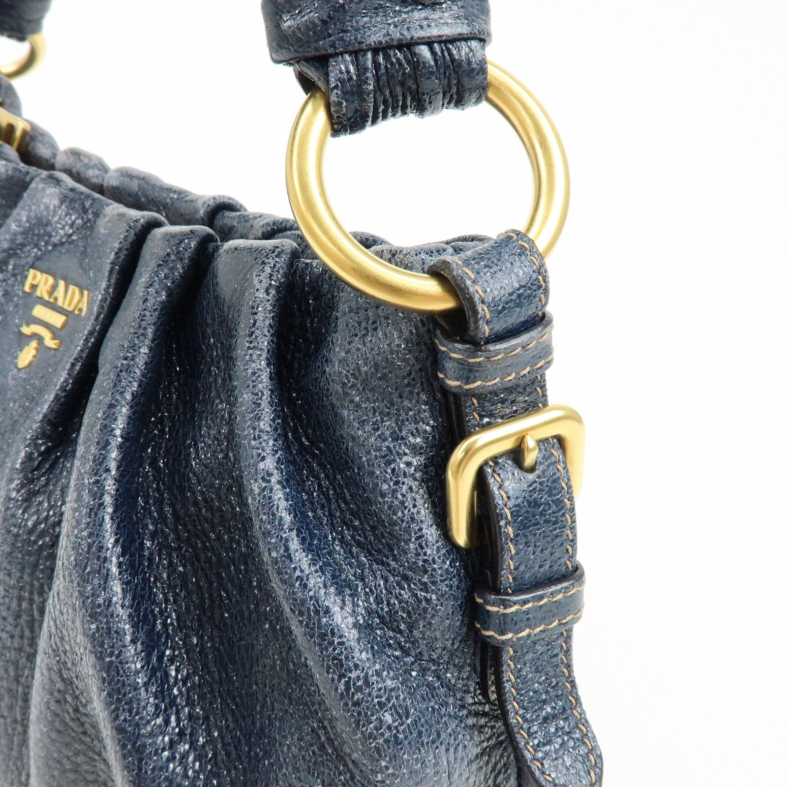 PRADA Logo Shiny Coated Leather Shoulder Bag Hand Bag Navy BR4070