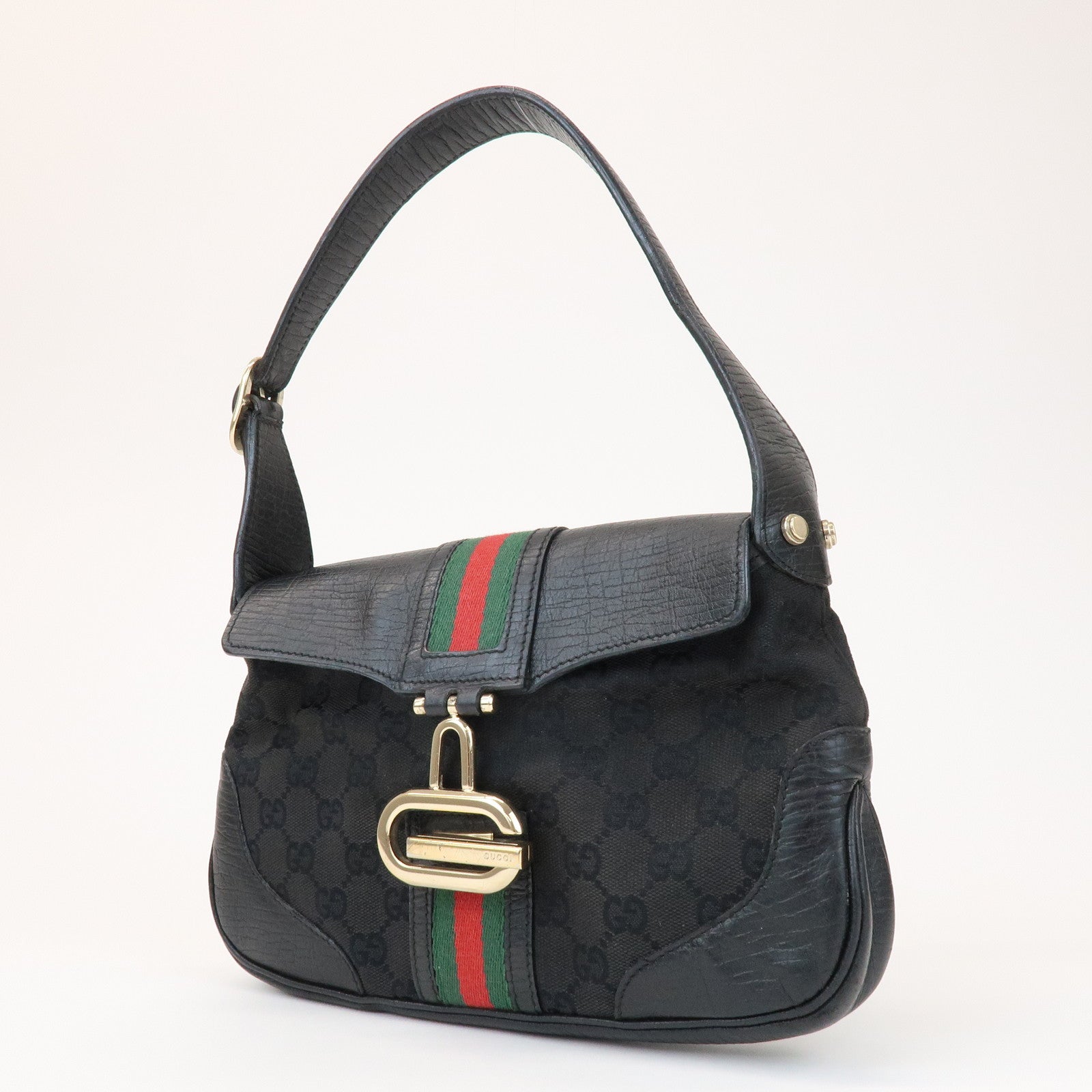 GUCCI Sherry GG Canvas Embossed Leather Shoulder Bag Black 130846
