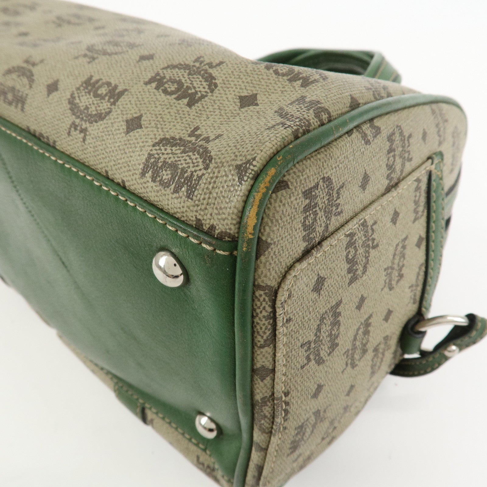 MCM Visetos PVC Coating Canvas Leather Boston Bag Beige Green