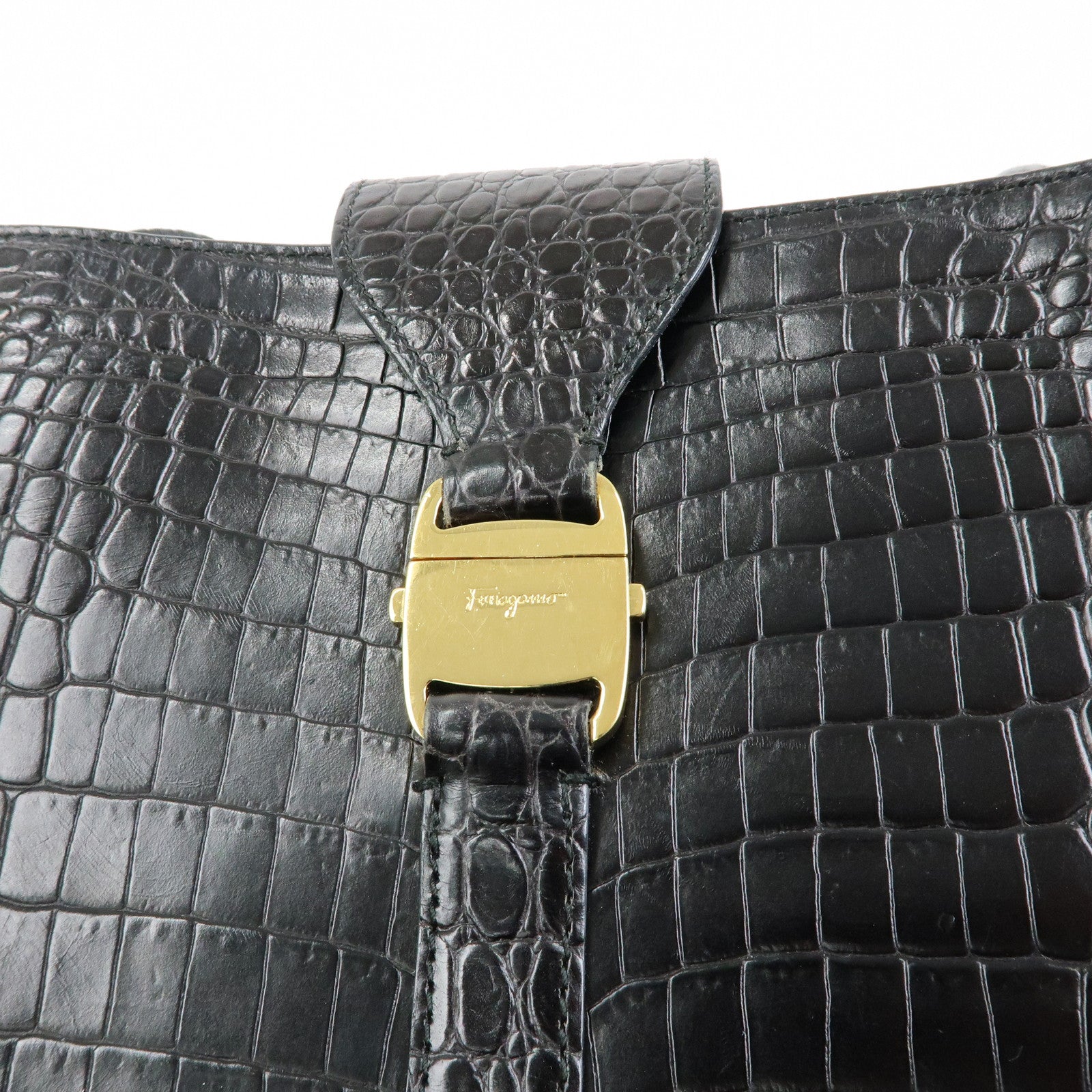 Ferragamo Vara Embossed Leather Tote Bag Shoulder Bag Black
