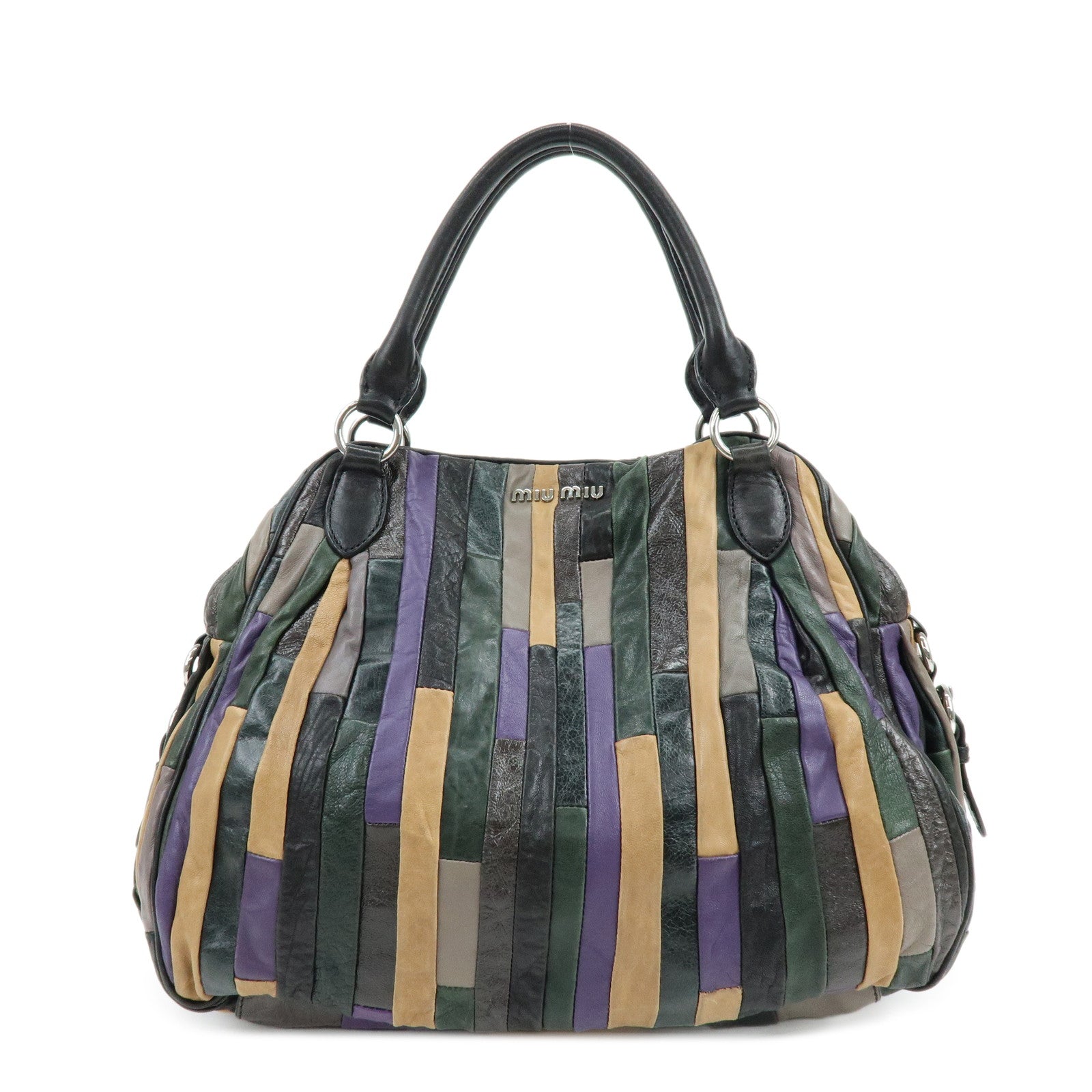 MIU MIU Logo Leather Hand Bag Shoulder Bag Black Purple Green