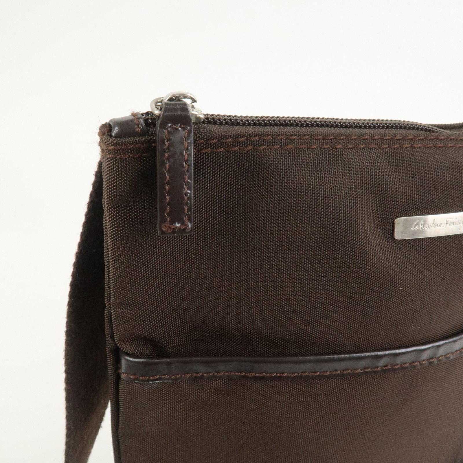 Ferragamo Nylon Leather Shoulder Bag Crossbody Bag Brown Silvern