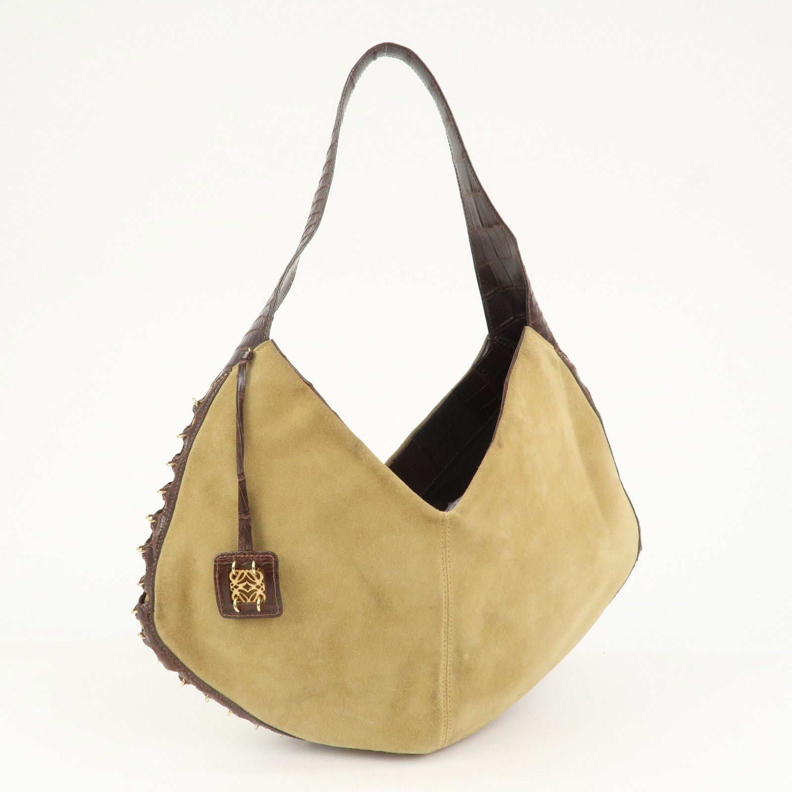 LOEWE Anagram Suede Embossed Leather Shoulder Bag Hand Bag Beige