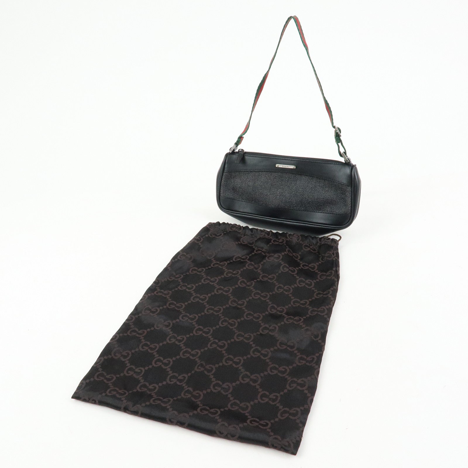 GUCCI Sherry Denim Leather Accessory Pouch Hand Bag Black 92820