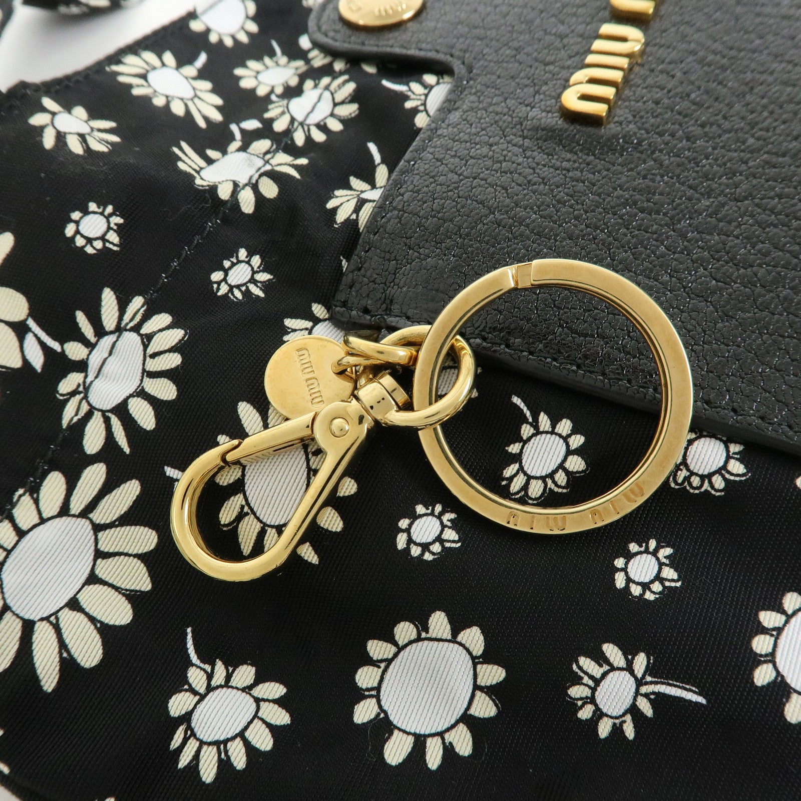 MIU MIU Nylon Leather Tote Bag Eco Bag Hand Bag Flower Print Black