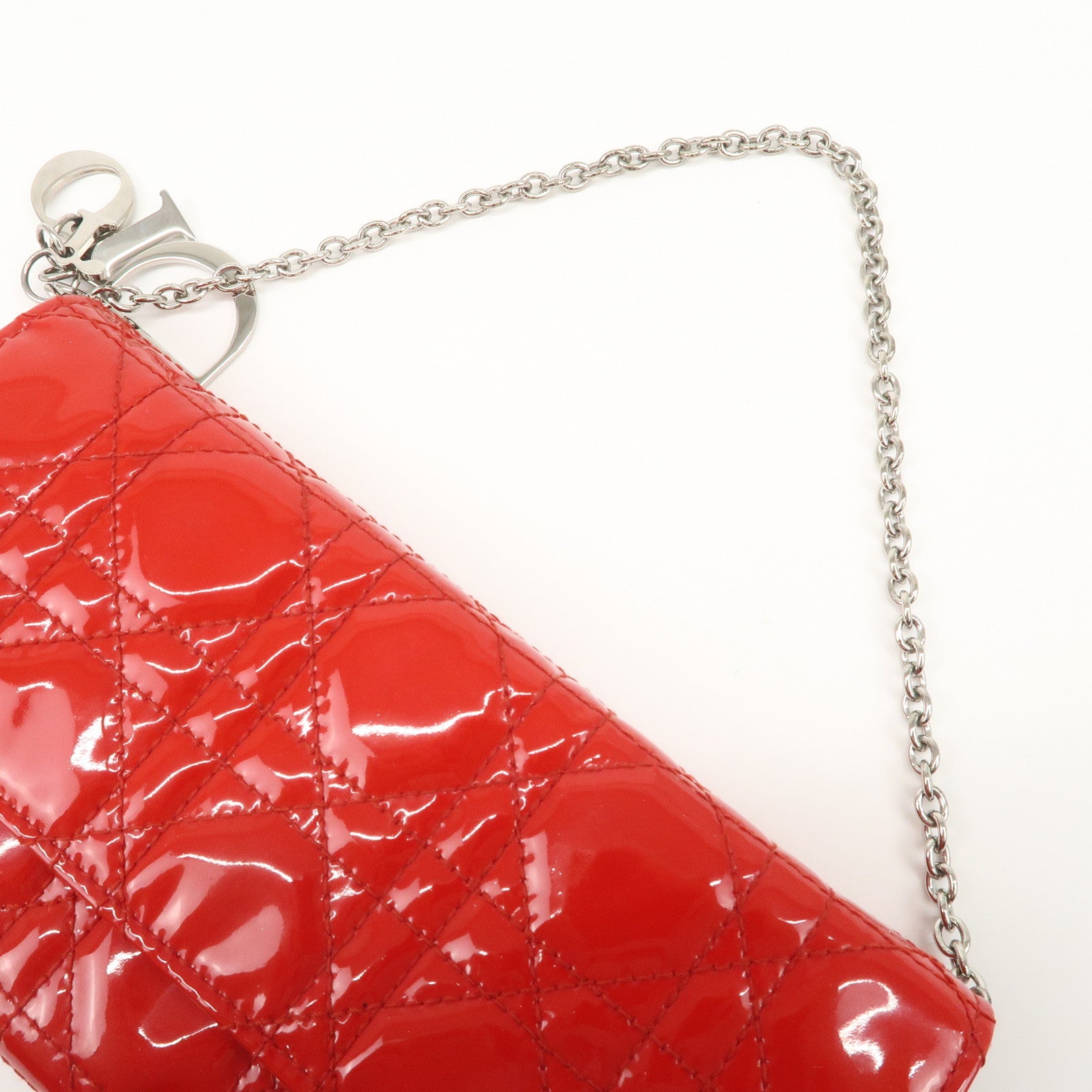 Christian Dior Lady Dior Cannage Patent Leather Chain Wallet Red Silver Used