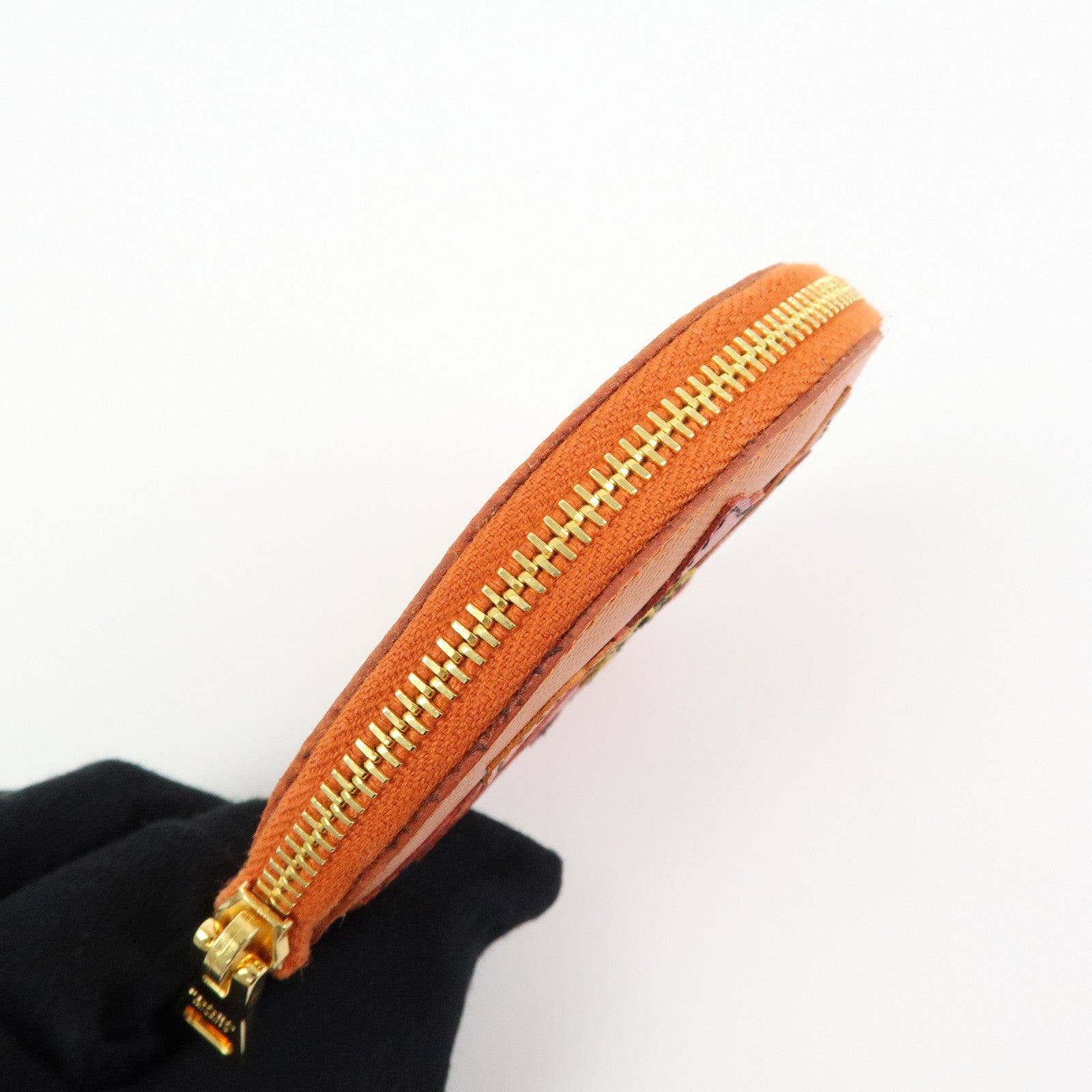 PRADA Saffiano Leather Flower Motif Round Coin Case Orange 1M1400