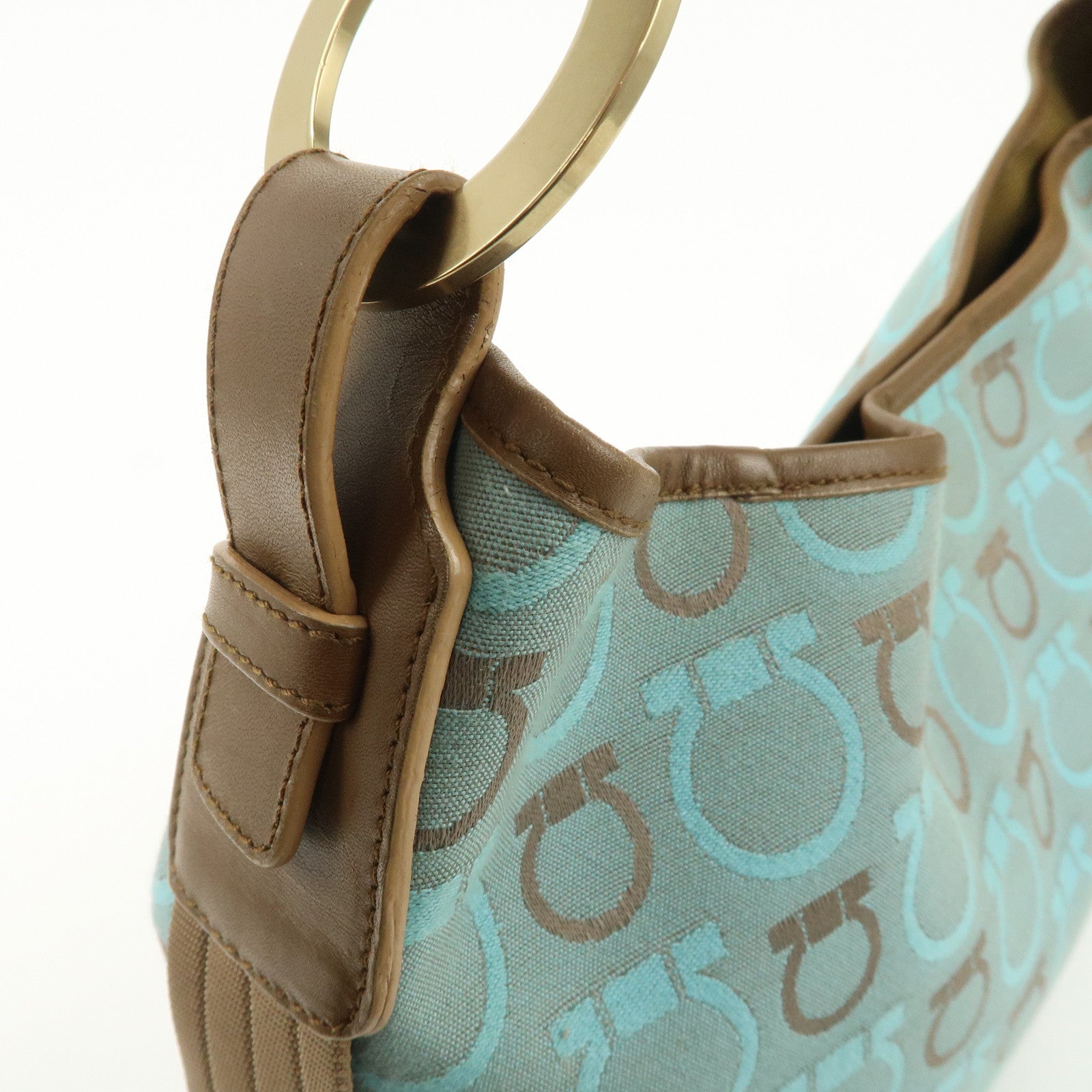 Ferragamo Gancini Canvas Leather Shoulder Bag Light Blue Brown