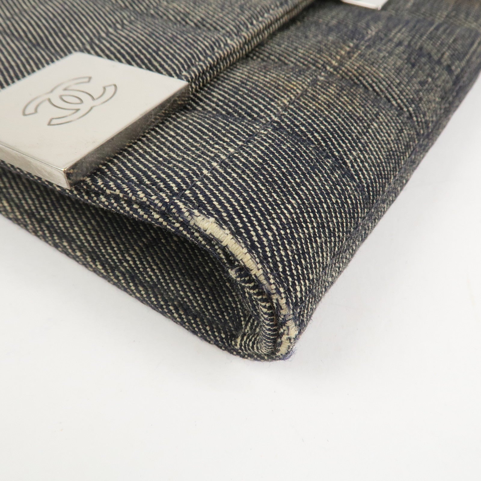 CHANEL Chocolate Bar Denim Leather Chain Shoulder Hand Bag Black