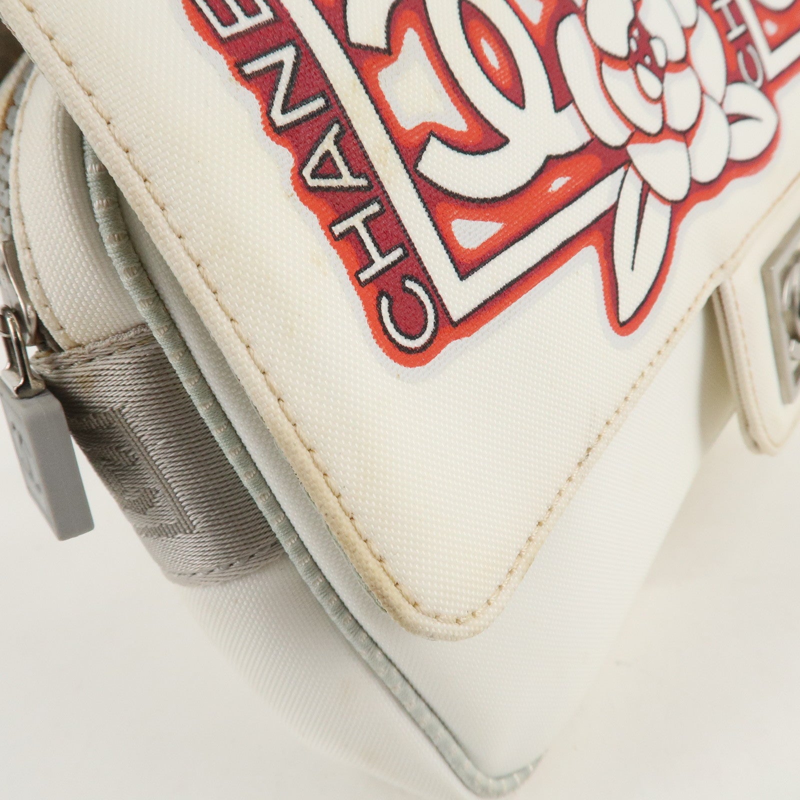 CHANEL Sport Line Nylon Camelia Chain Shoulder Bag White Red