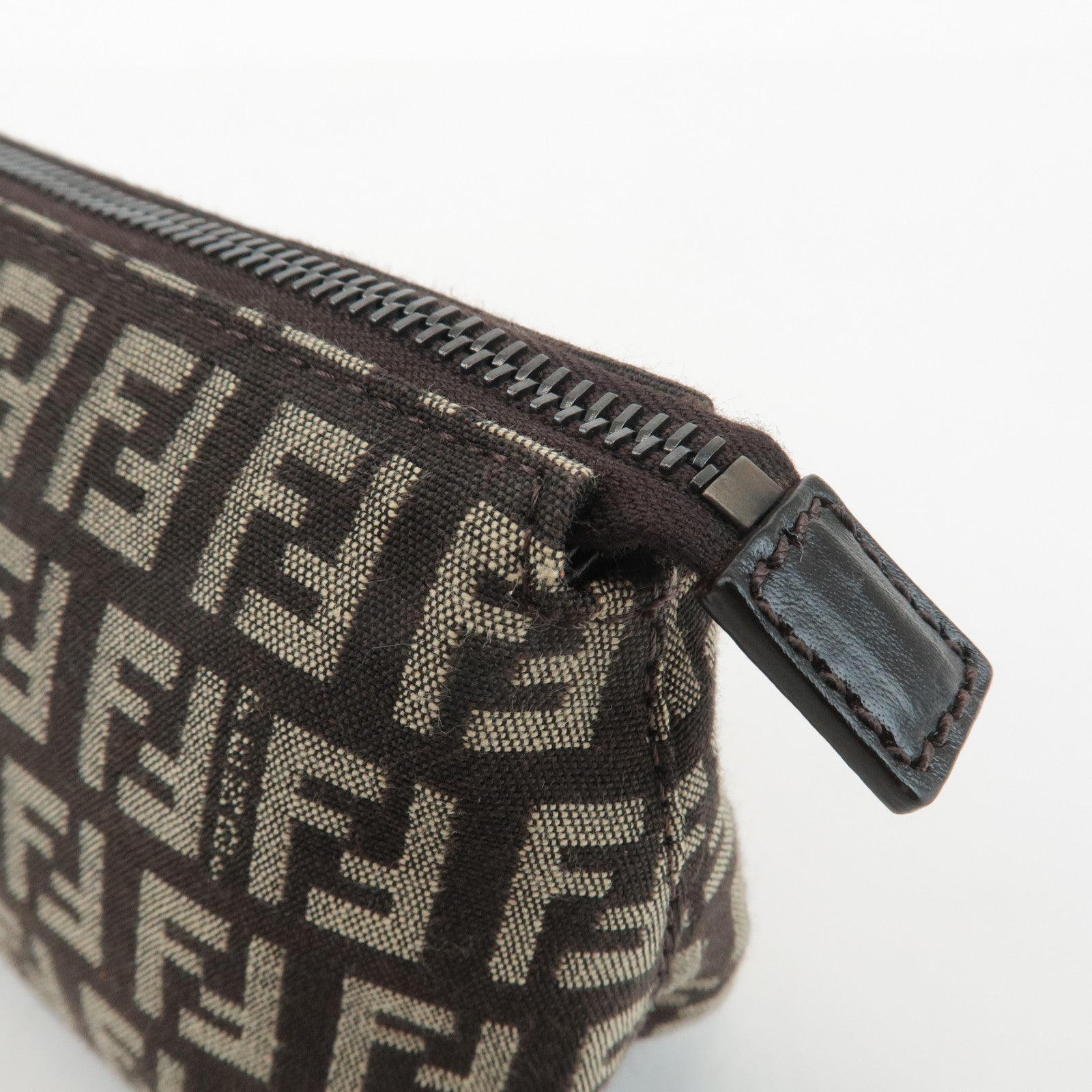 FENDI Zucchino Canvas Leather Pouch Beige Brown 7N0038 Used