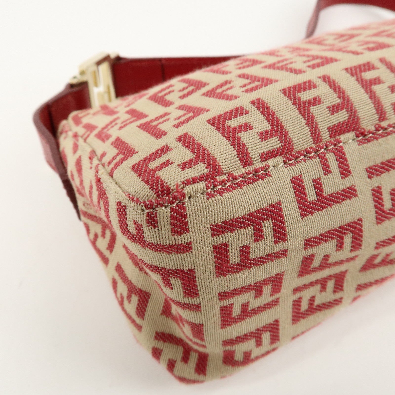 FENDI Zucchino Canvas Leather Semi-Shoulder Bag Beige Red 8BR443