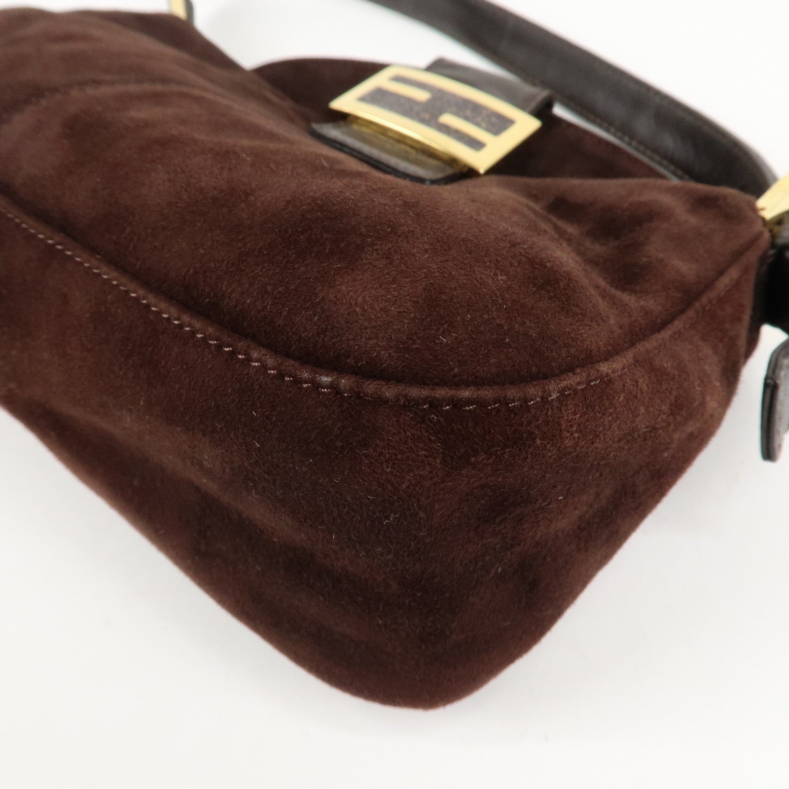 FENDI Suede Semi-Shoulder Bag Hand Bag Dark Brown Gold HDW 26725