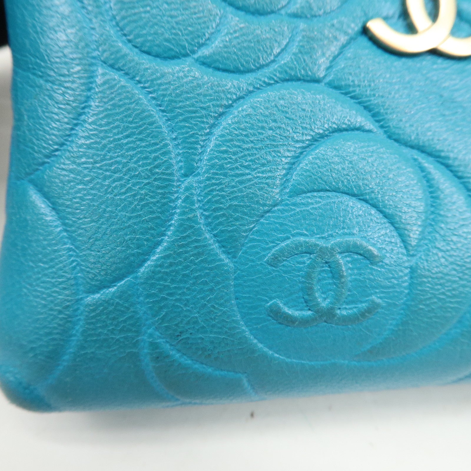 CHANEL Camellia Coco Mark Lamb Skin Coin Case Blue A50090