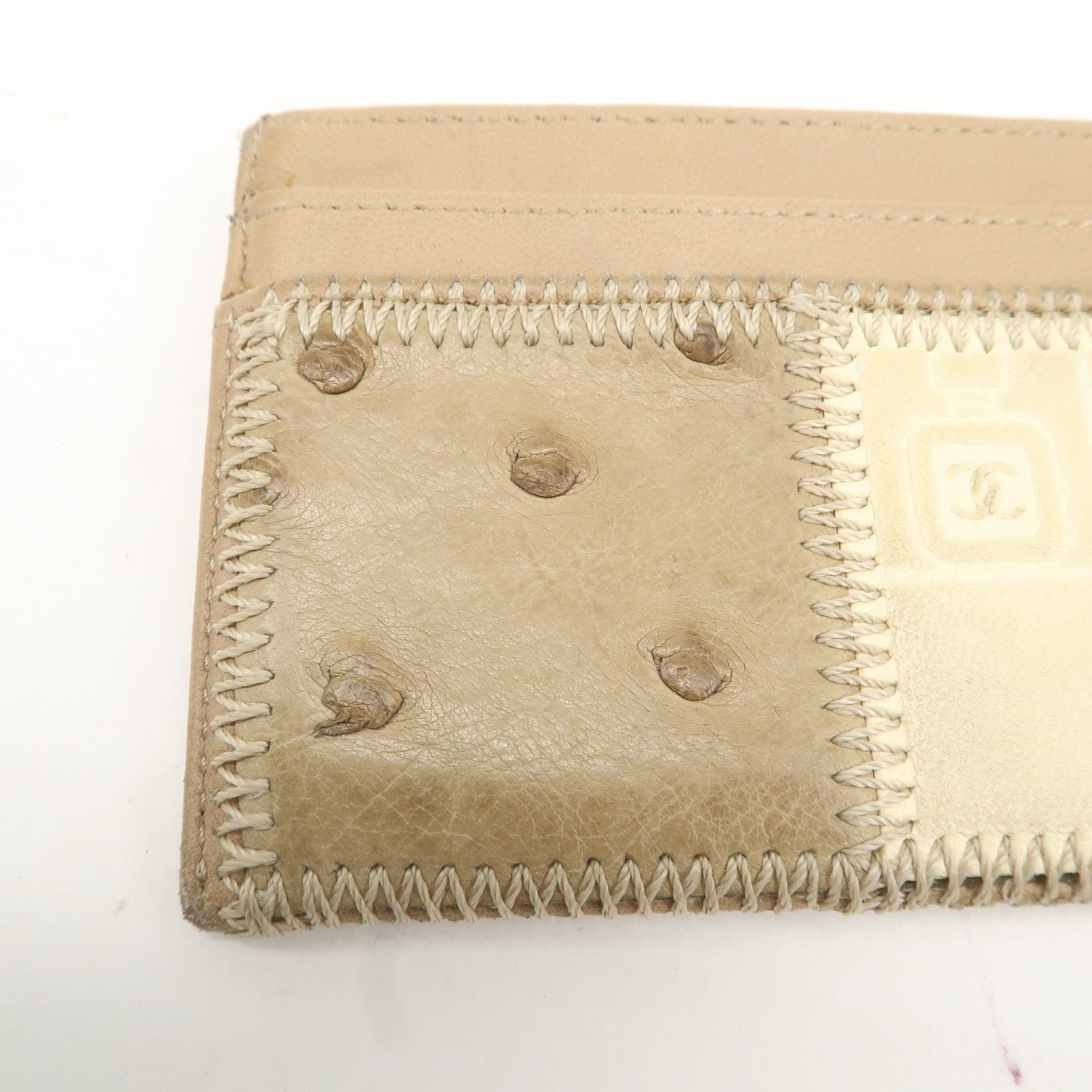 CHANEL Leather Icon Patch Work Card Case Beige