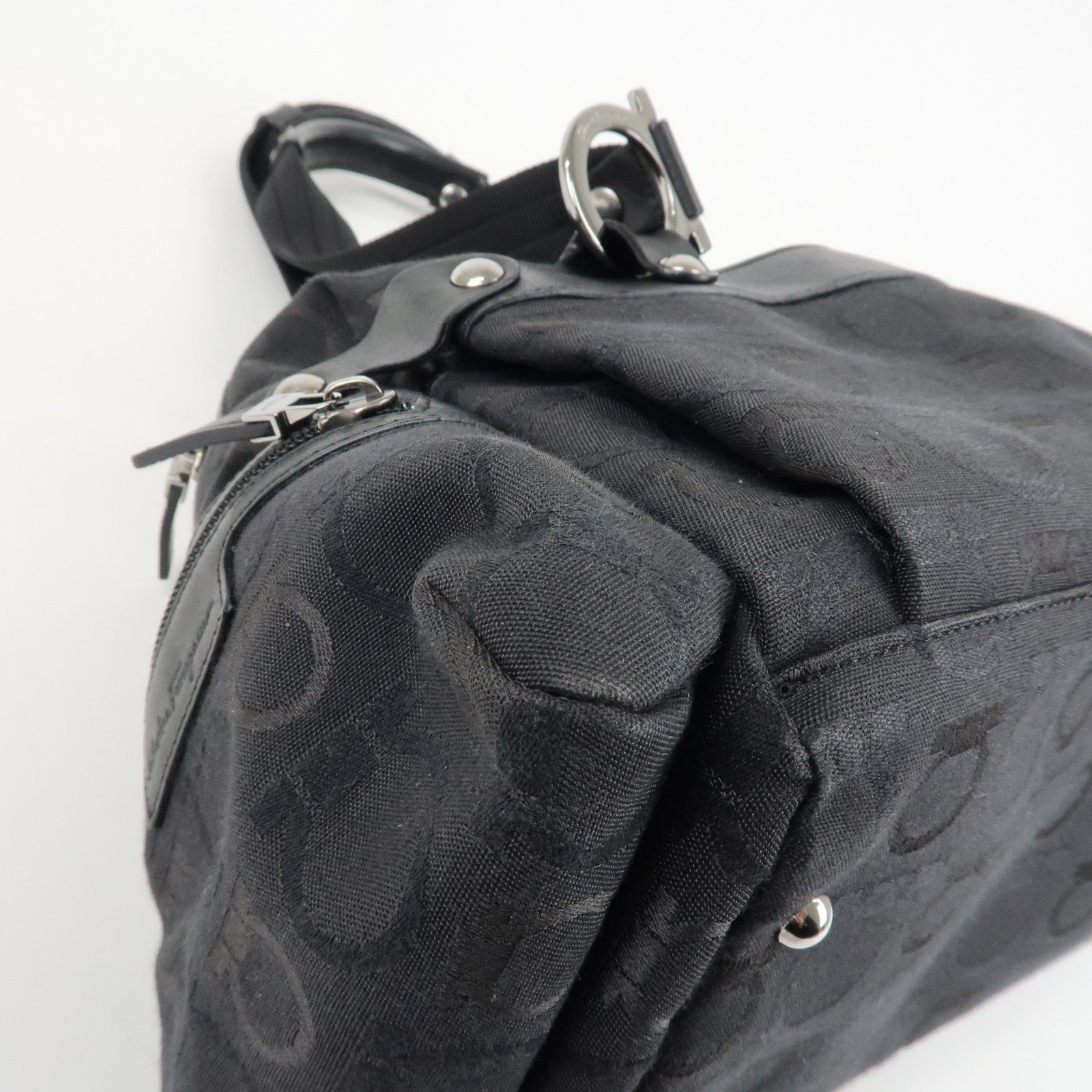 Ferragamo Gancini Pattern Canvas Leather Boston Bag Black Used