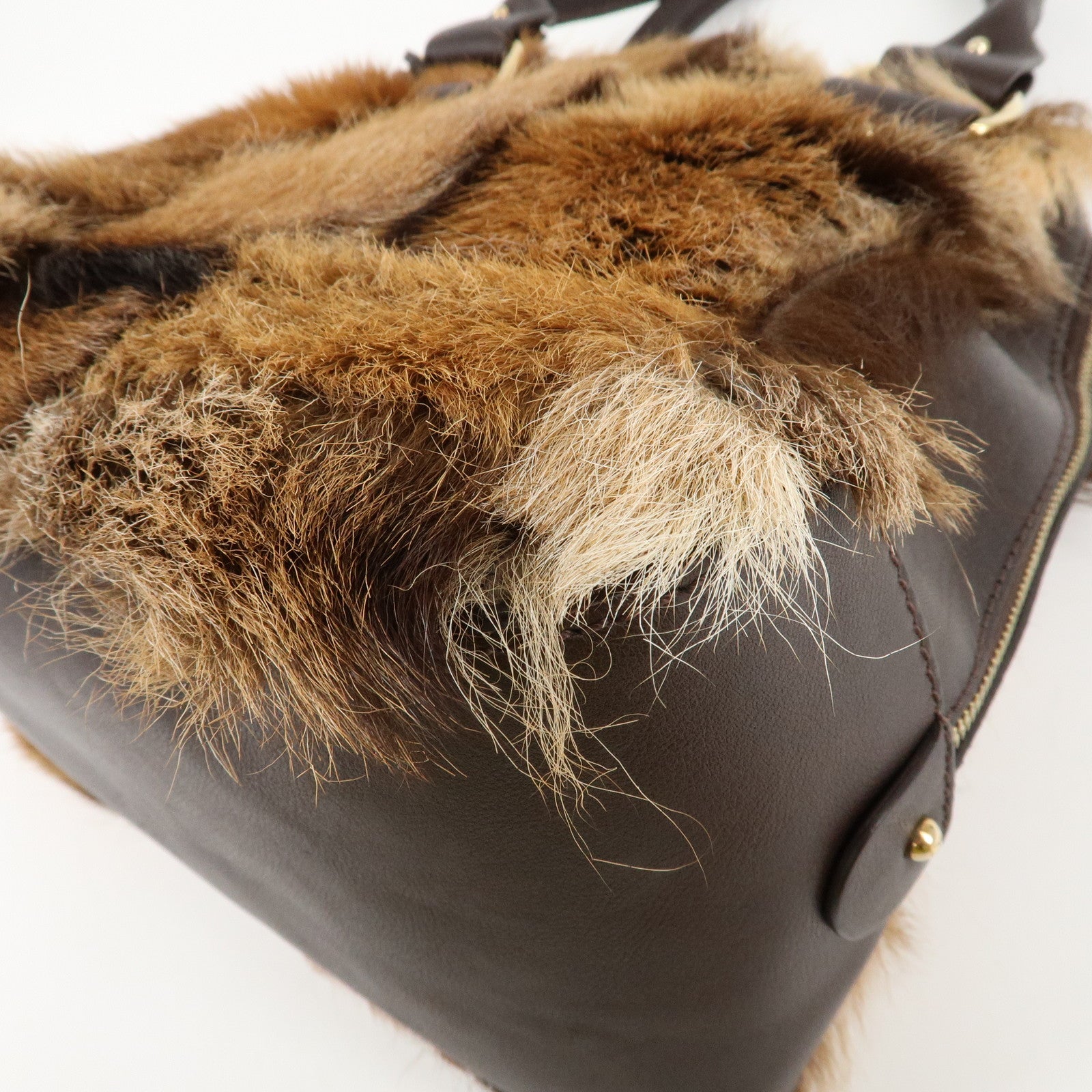 FENDI Fur Leather Tote Bag Hand Bag Shoulder Bag Brown 8BR286 Used