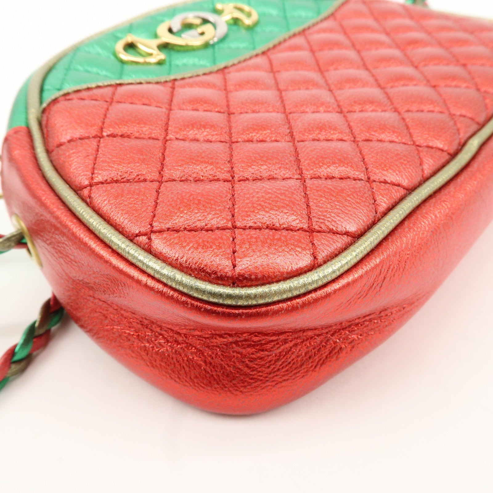 GUCCI Laminate Quilting Leather Shoulder Bag Green Red Gold 534951