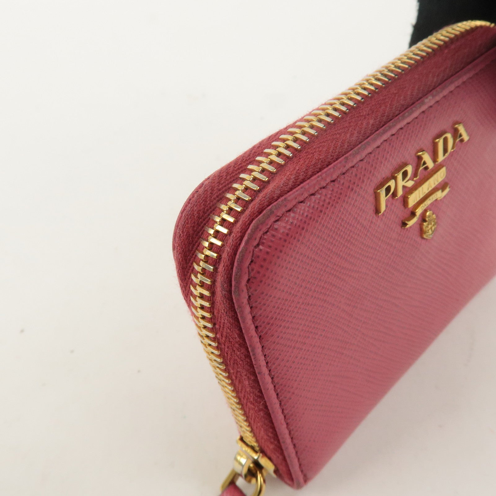 PRADA Logo Saffiano Leather Round Zipper Small Wallet Pink 1MM268