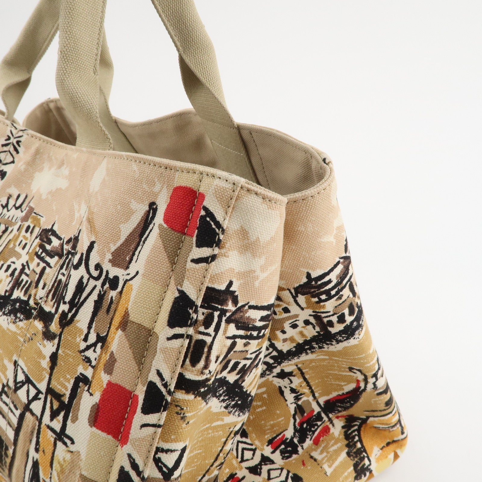 PRADA Canapa Tote Bag Hand Bag Beige Brown Sketch Pattern