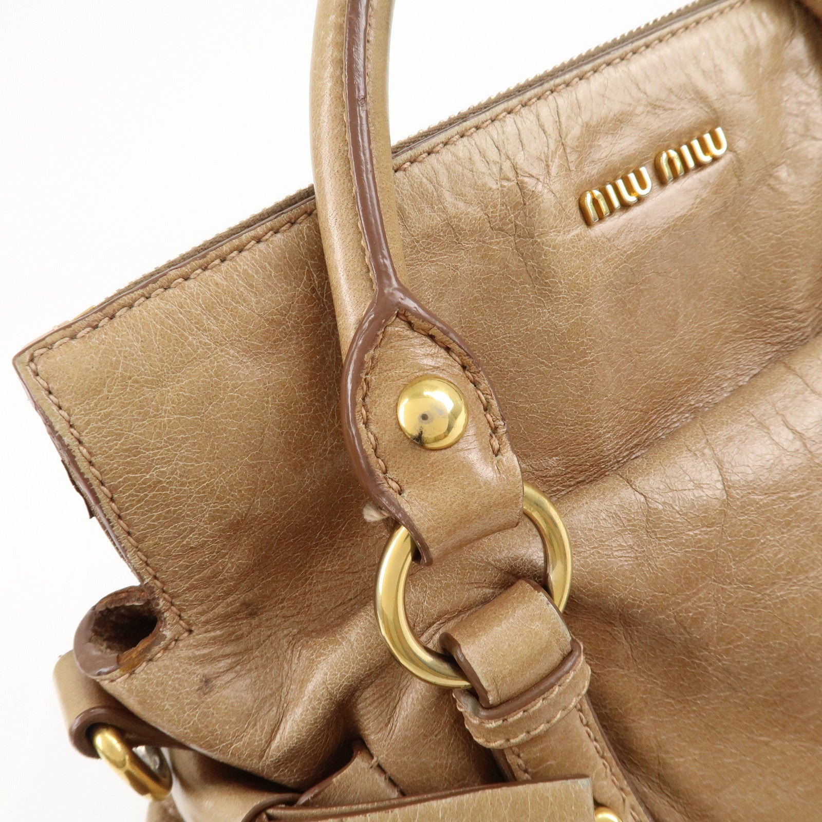 MIU MIU Leather Ribbon 2Way Shoulder Hand Bag Beige