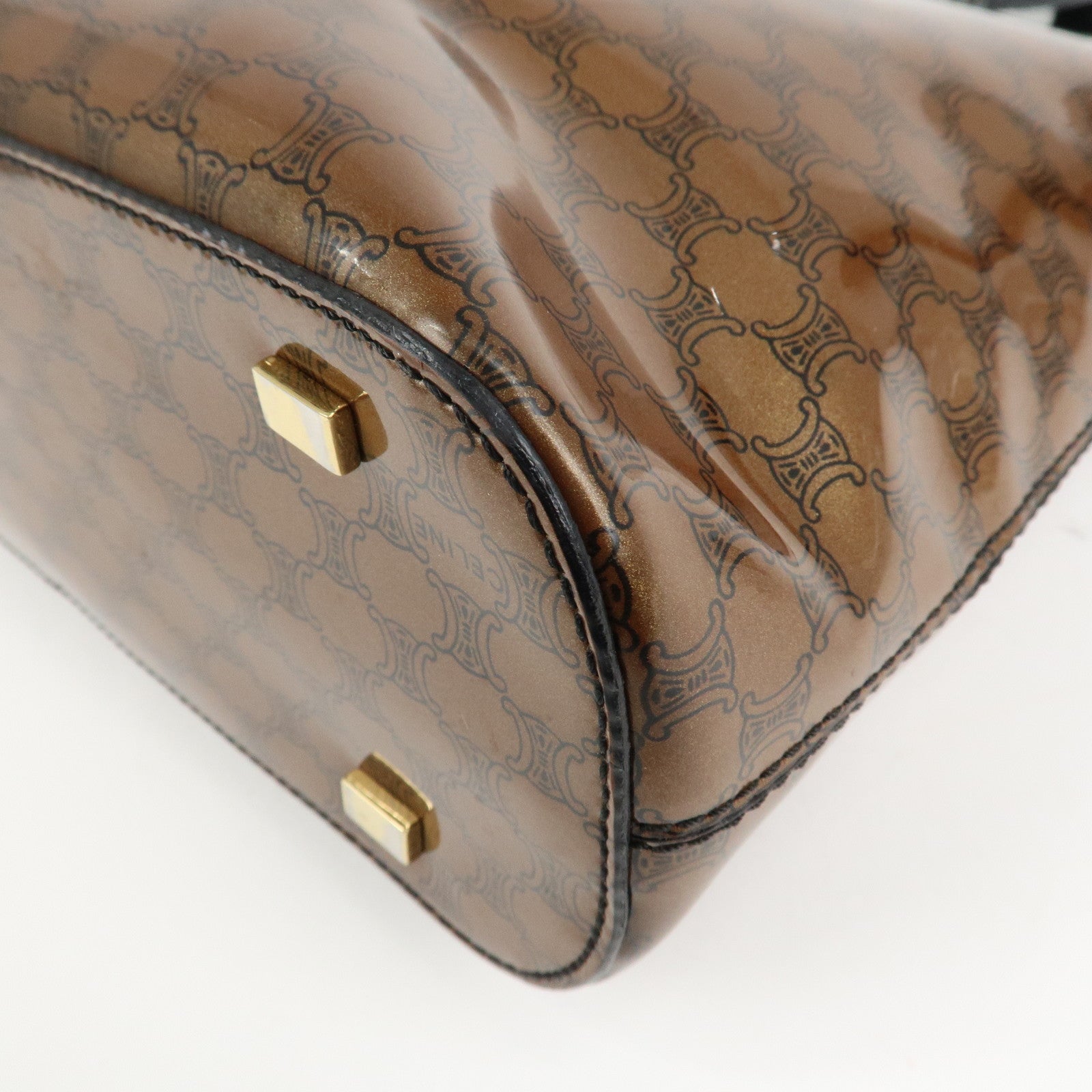 CELINE Macadam Patent Leather Mini Tote Bag Hand Bag Brown Black Used