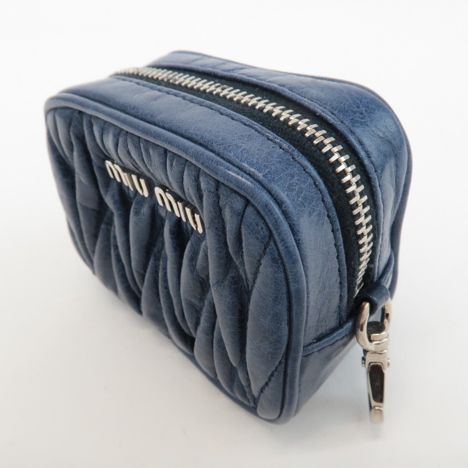 MIU MIU Matelasse Leather Pouch Blue Silver Hardware 5M1353