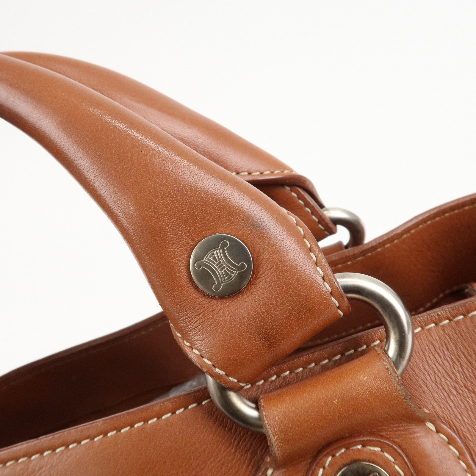 CELINE Leather Triomphe Button Boogie Bag Macadam Engraved Brown Used