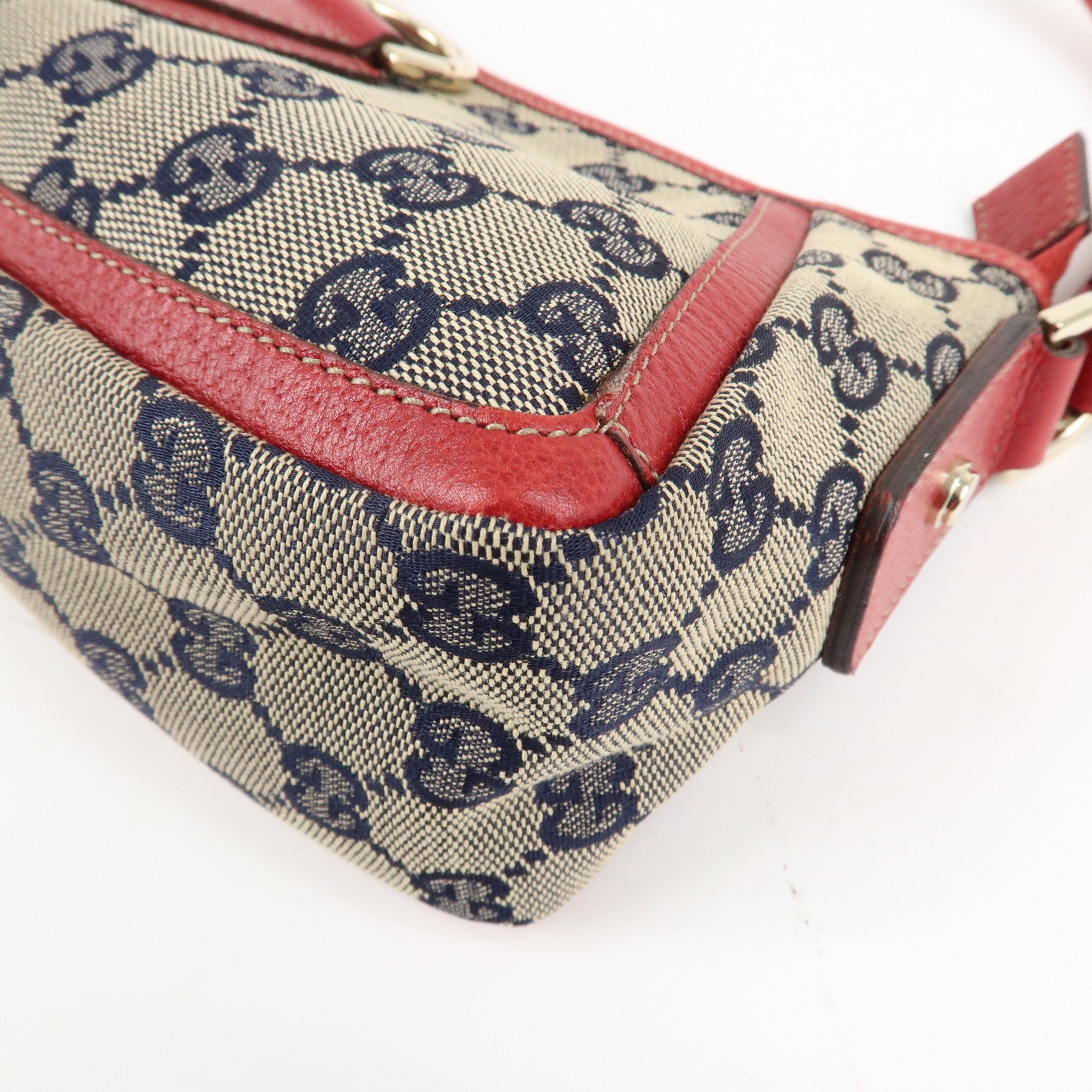 GUCCI Abbey GG Canvas Leather Shoulder Bag Beige Navy Red 130939 Used
