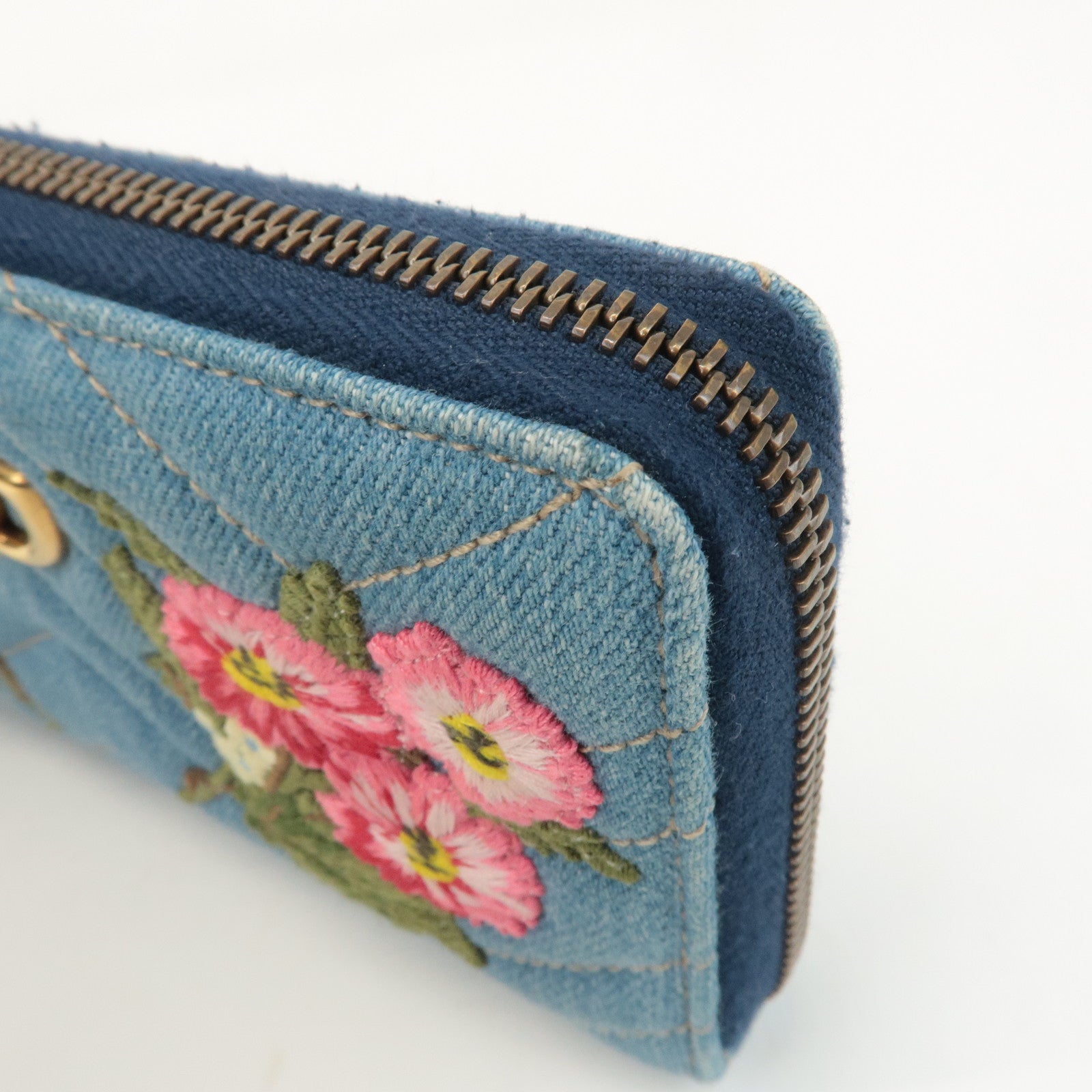 GUCCI GG Marmont Denim Zip Around Wallet Floral Pattern 443123