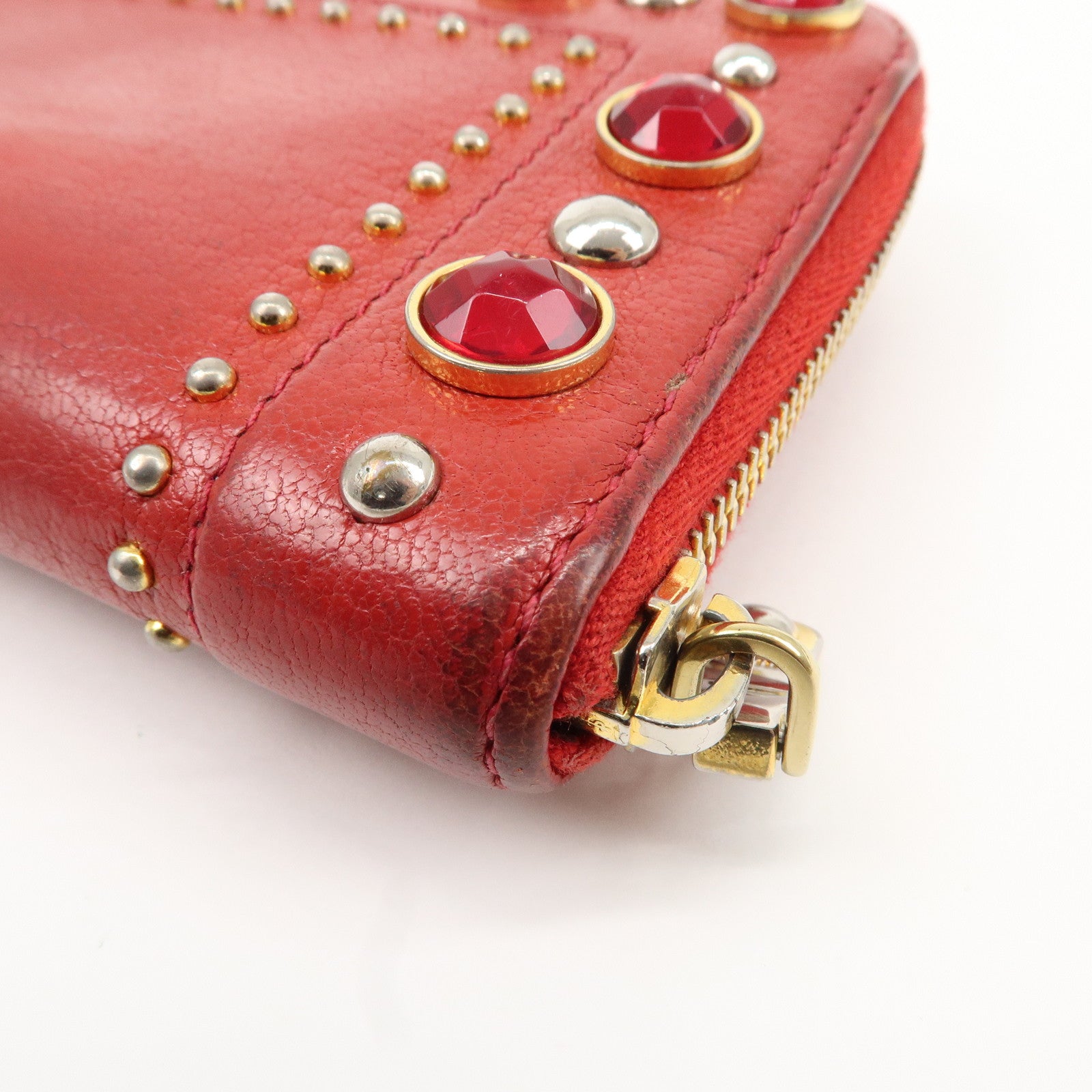 MIU MIU Leather Round Zipper Long Wallet Bijou Studs Red