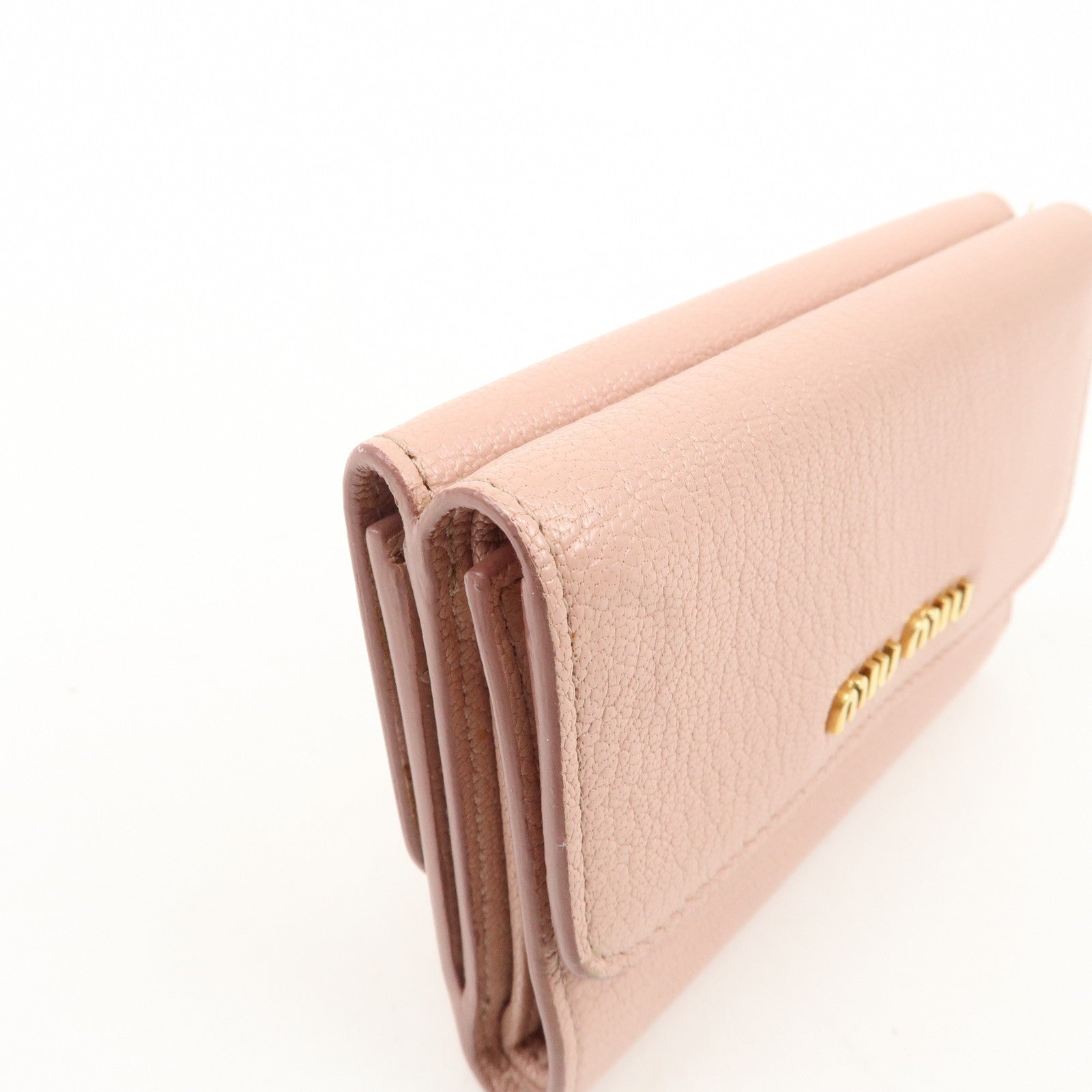 MIU MIU Leather Double Hook Bi-fold Wallet Pink Gold Hardware