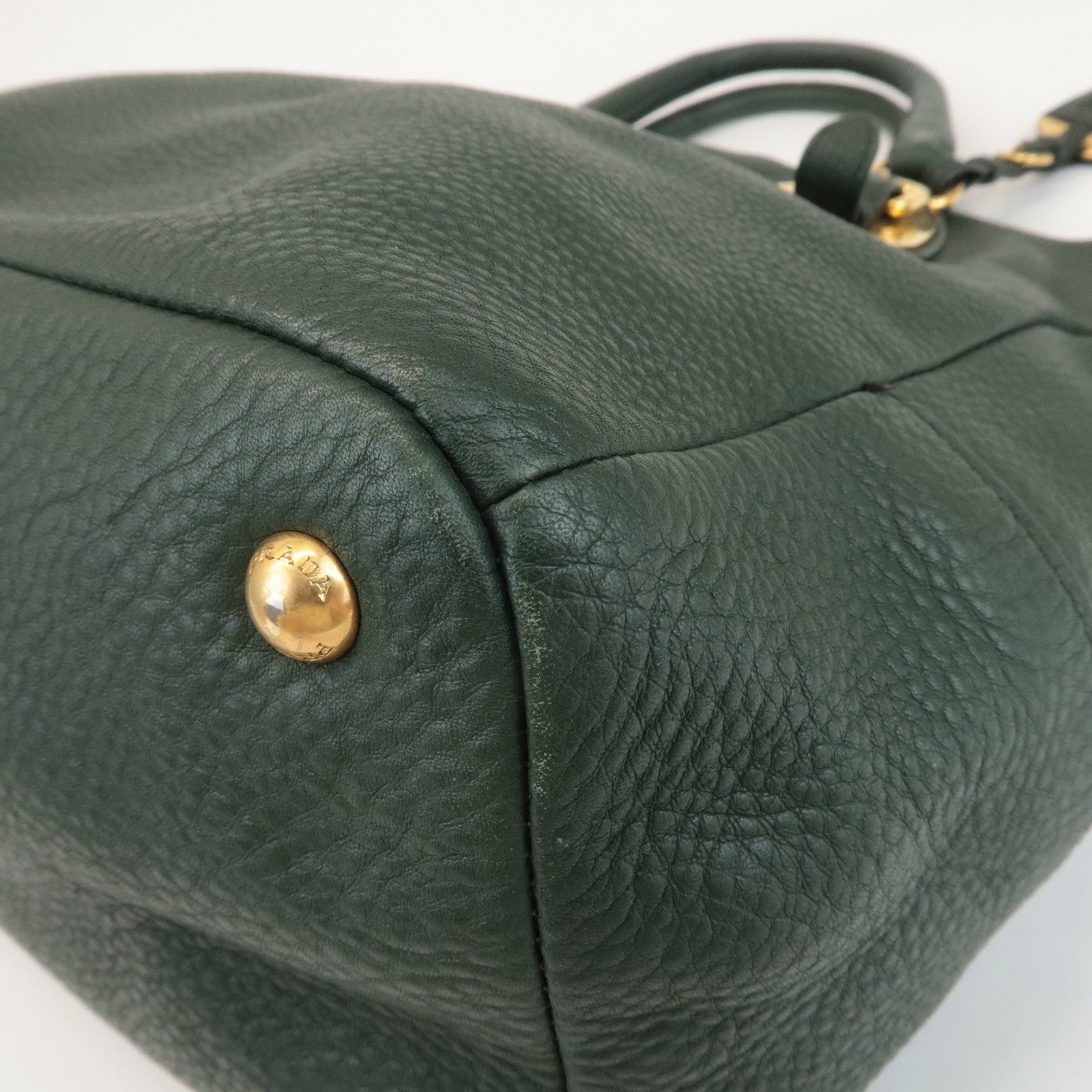 PRADA Leather 2Way Hand Bag Shoulder Bag Green Gold Hardware