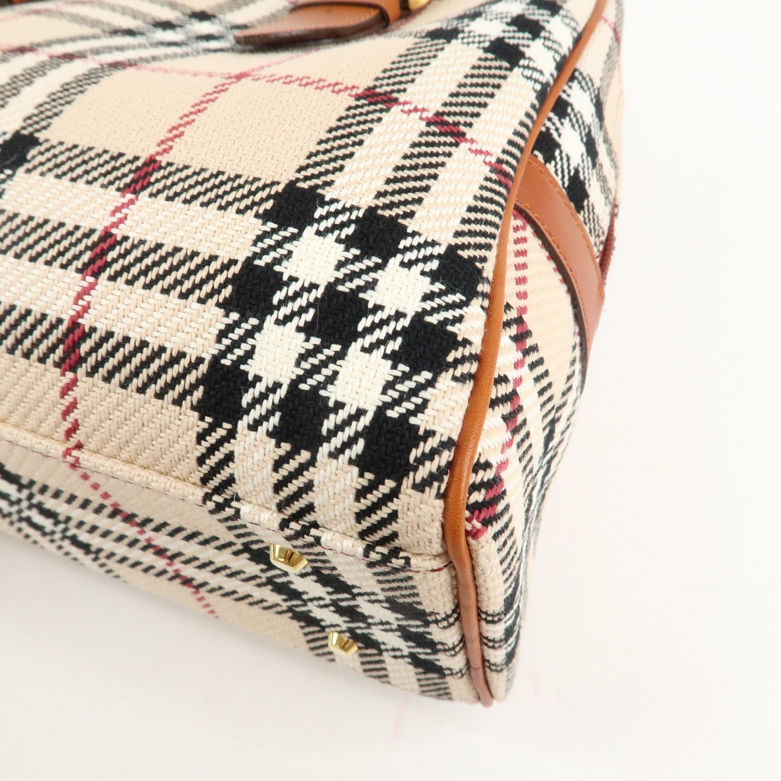 BURBERRY Leather Hand Bag Boston Bag Nova Plaid Brown Used