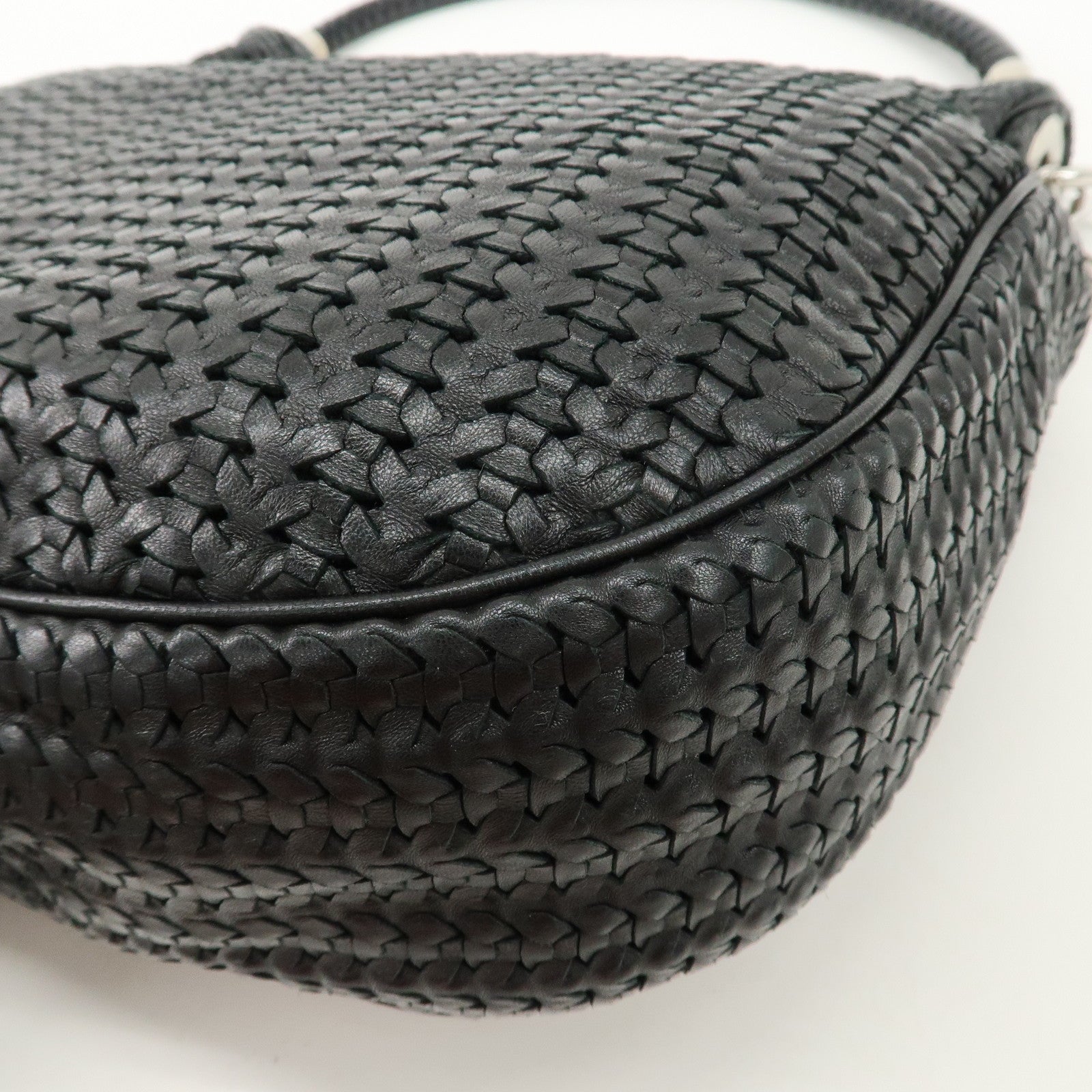 Christian Dior Woven Leather One Shoulder Bag Black Silver HDW