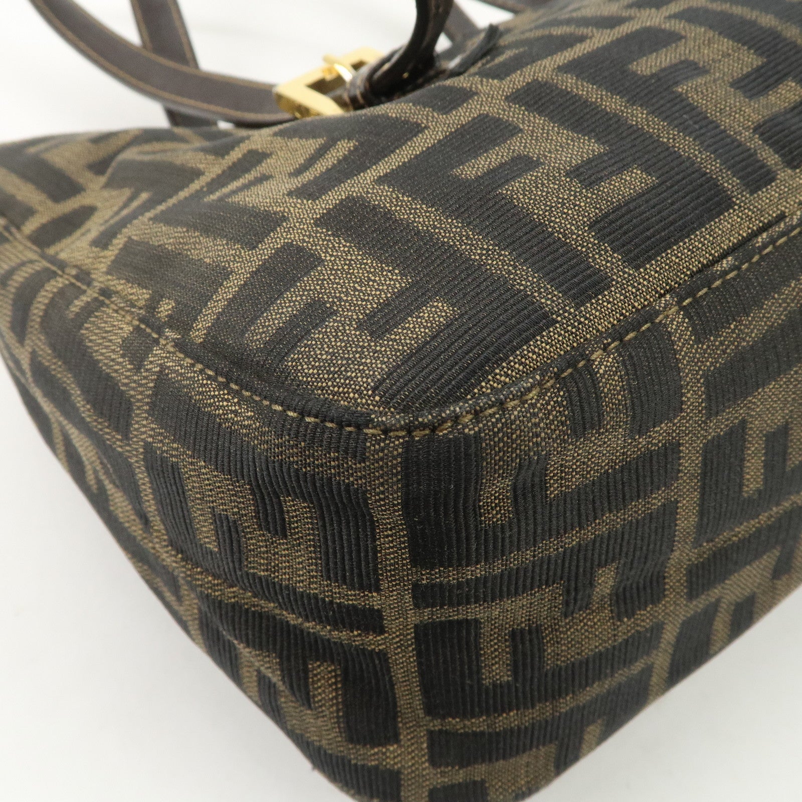 FENDI Zucca Canvas Leather Hand Bag Brown Black Gold Hardware Used