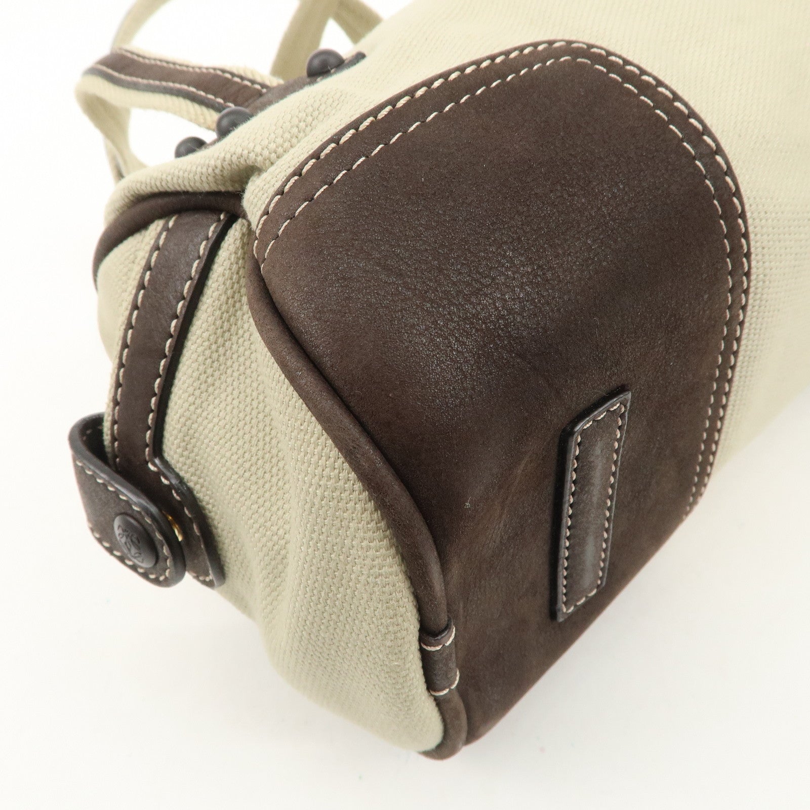 LOEWE Anagram Canvas Leather Mini Boston Bag Ivory Dark Brown Used