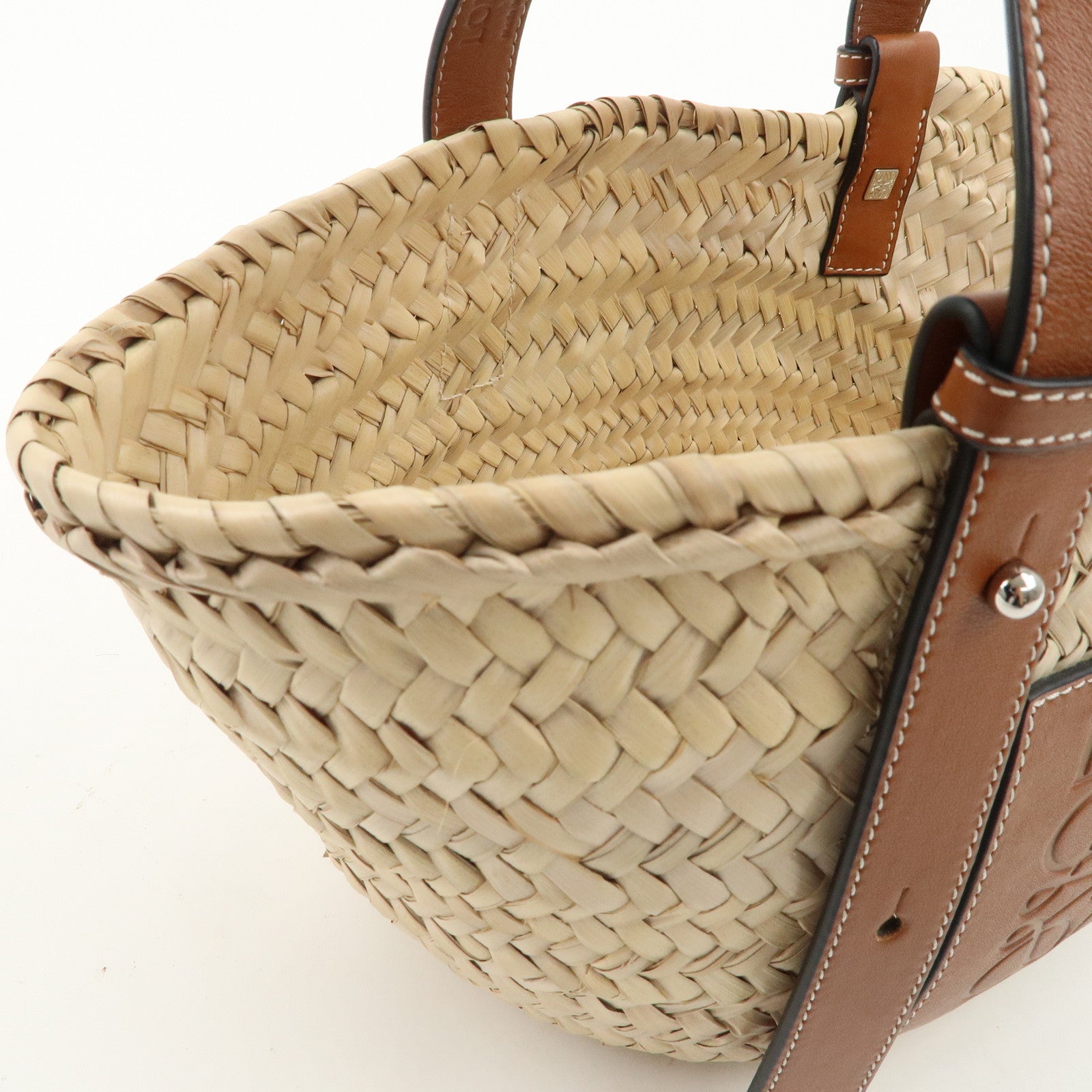 LOEWE Anagram Raffia Leather Basket Bag Hand Bag Natural Brown 2435