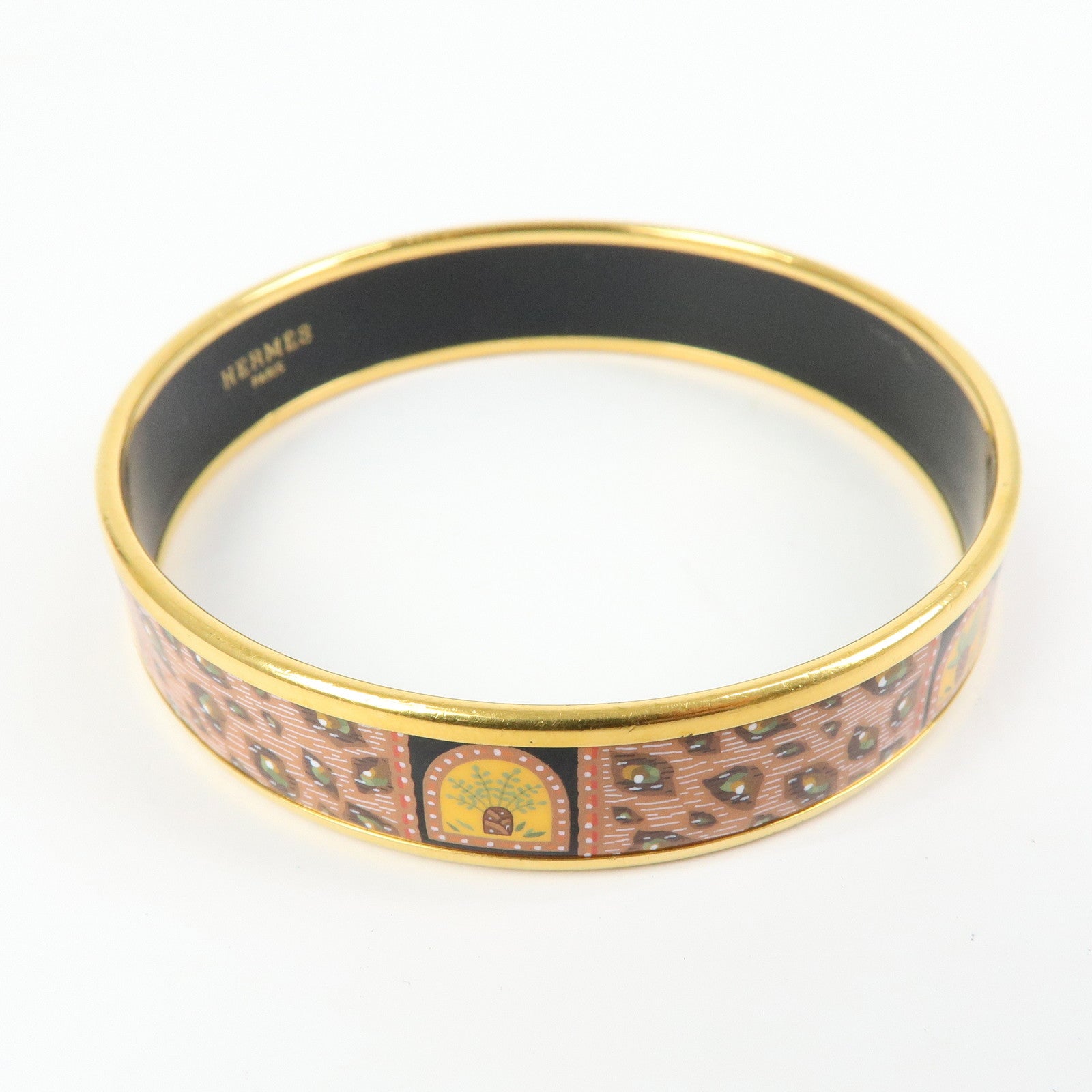 HERMES Email MM Gold Plated Bangle Bracelet Orange Gold