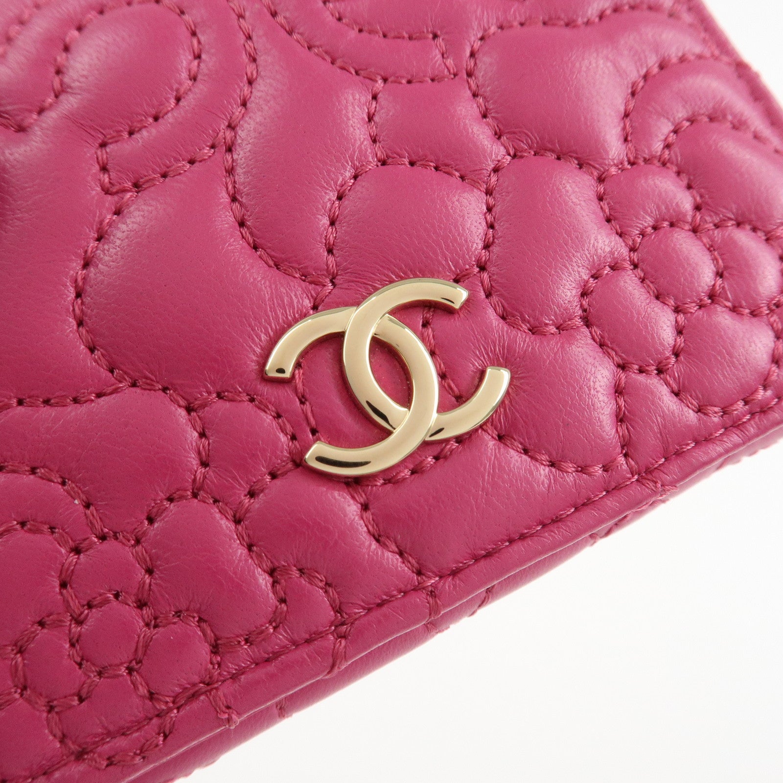 CHANEL COCO Mark Lamb Skin Tri-fold Compact Wallet Pink