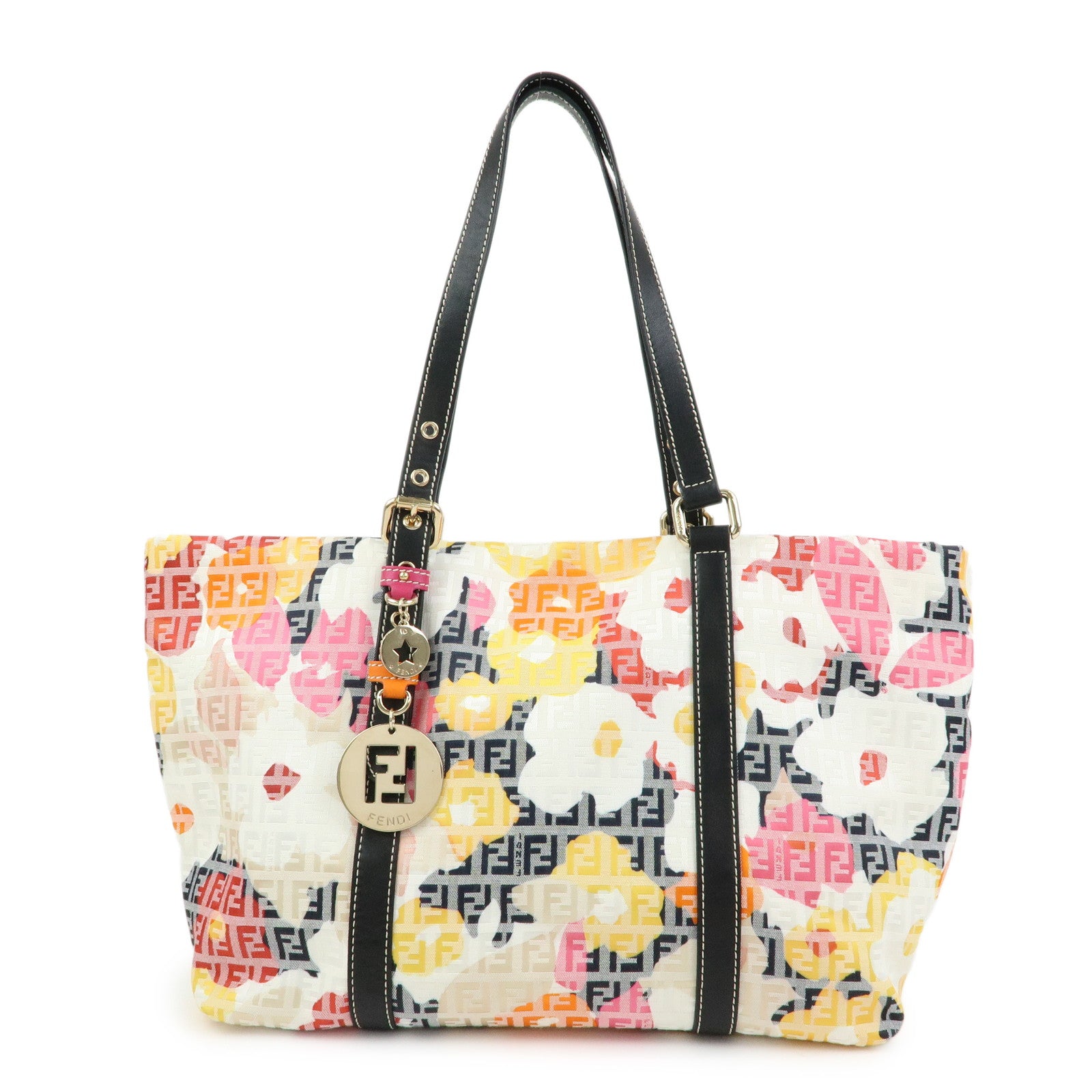 FENDI Zucchino Canvas Leather Flower Tote Bag Shoulder Bag 8BH215