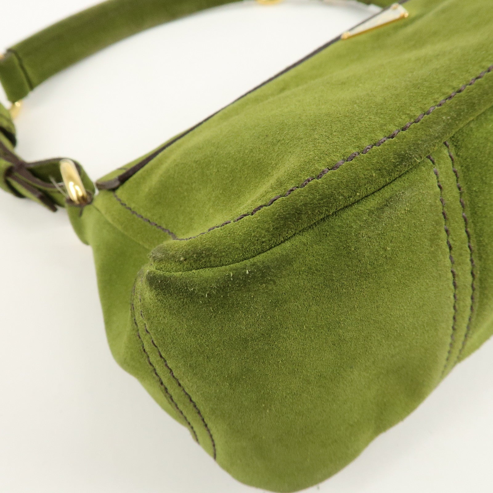 PRADA Suede One Shoulder Bag Green Gold Hardware