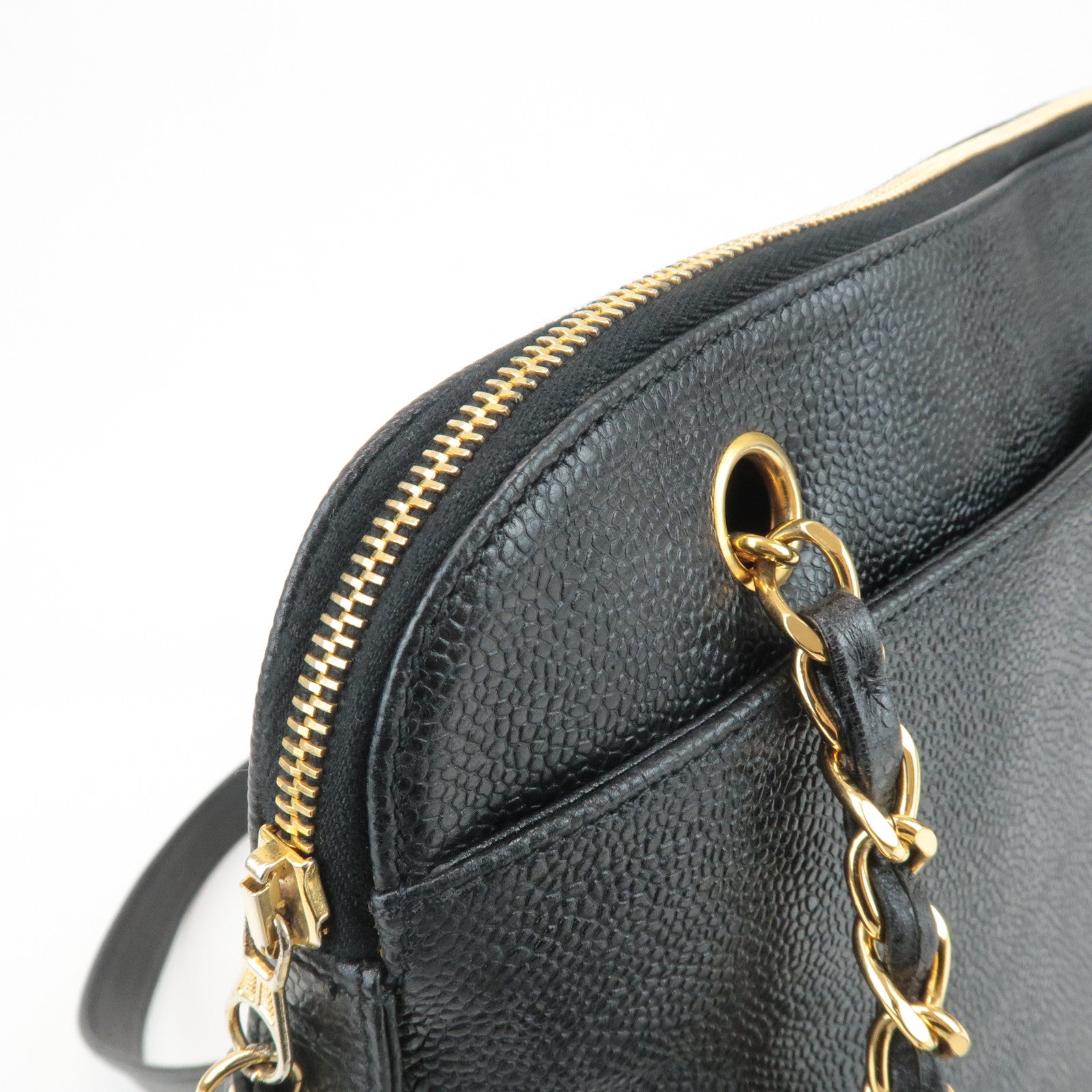 CHANEL Triple COCO Caviar Skin Chain Tote Bag Shoulder Bag Black Used