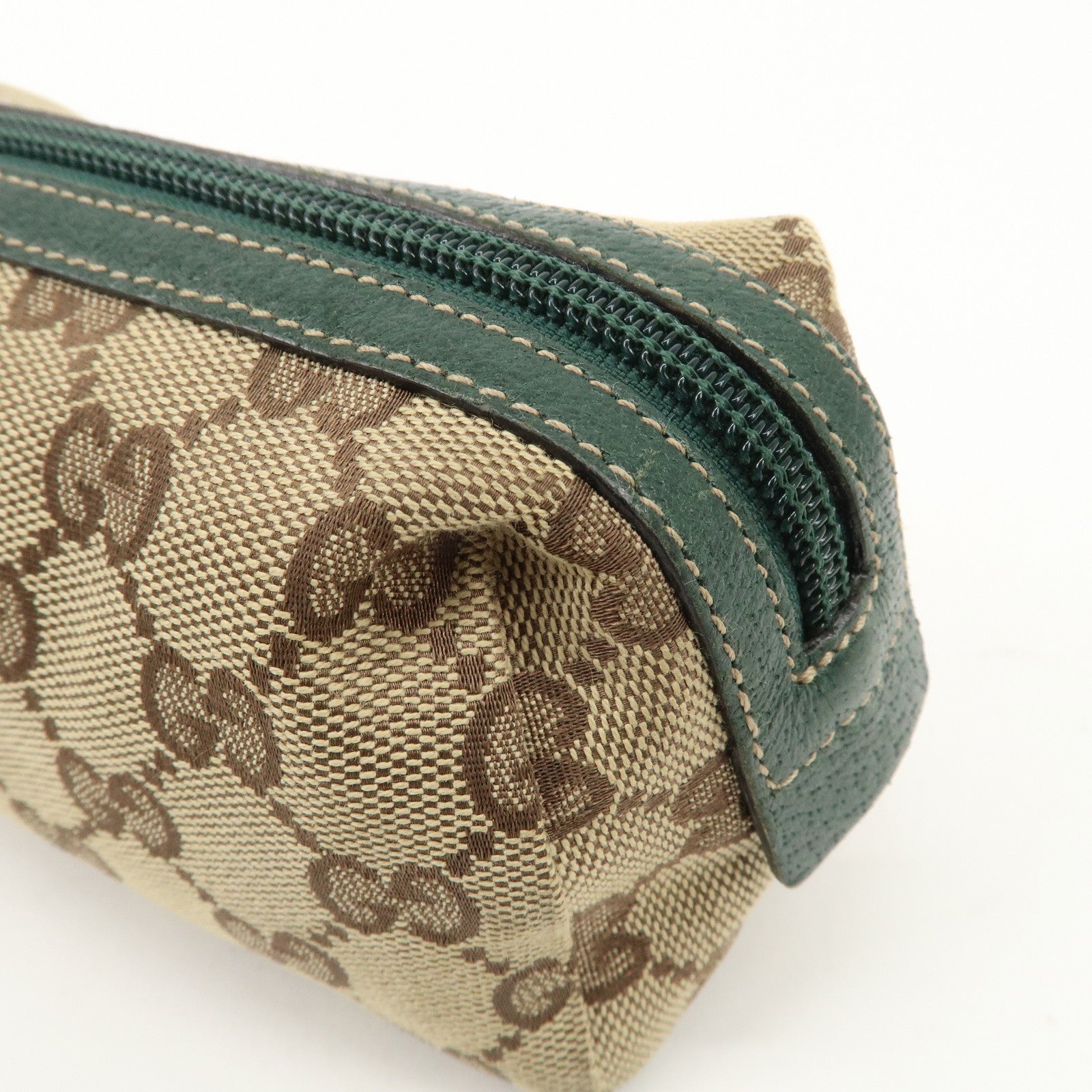 GUCCI GG Canvas Leather Cosmetic Pouch Beige Green 29596