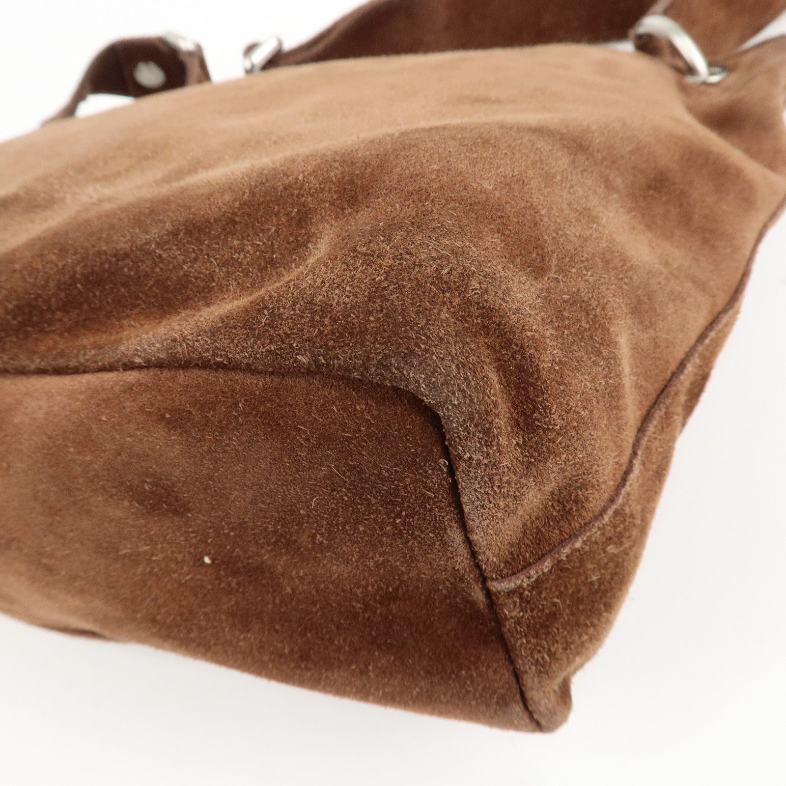 CELINE Suede Leather Shoulder Bag Macadam Engraved Flower Brown Used